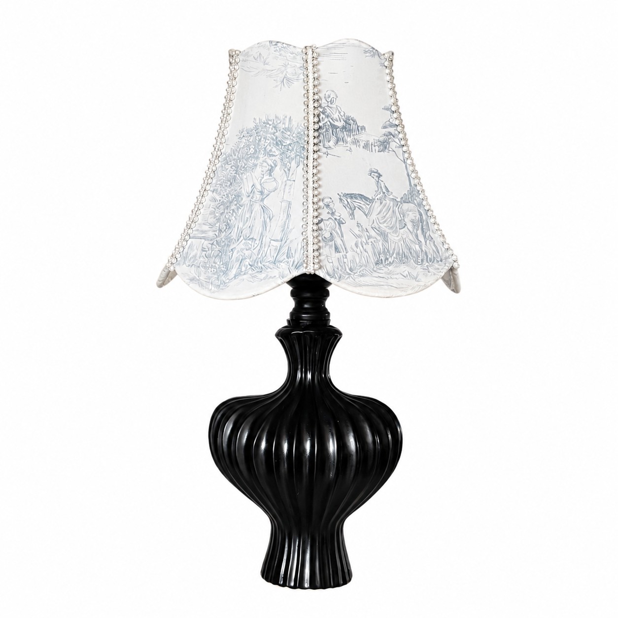 White background product image for the black base and printed fabric shade