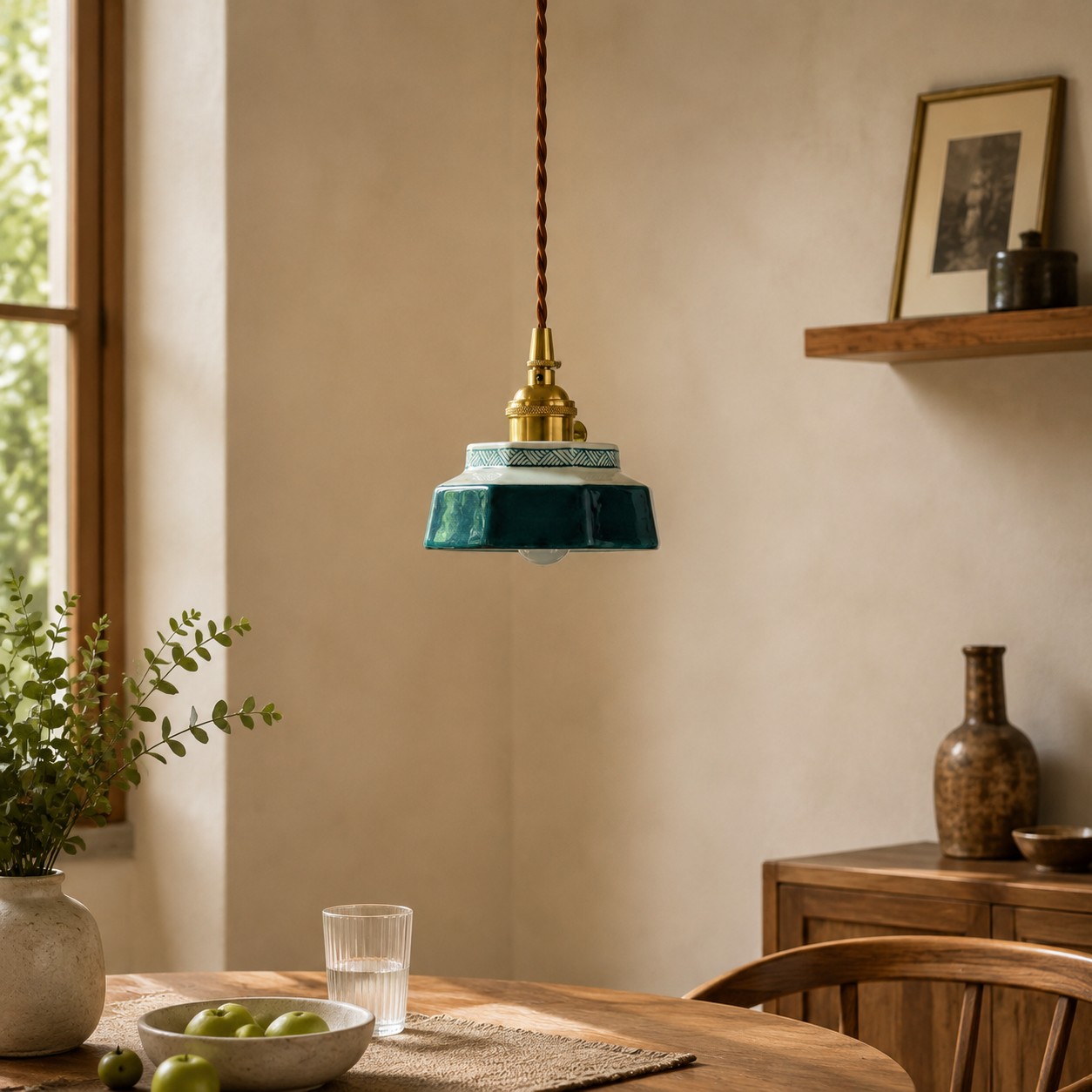 Jade blue ceramic pendant light over a dining table