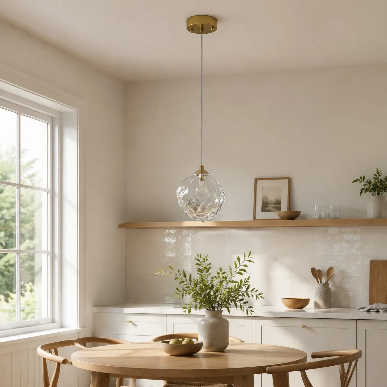Transparent glass pendant lamp above a dining table