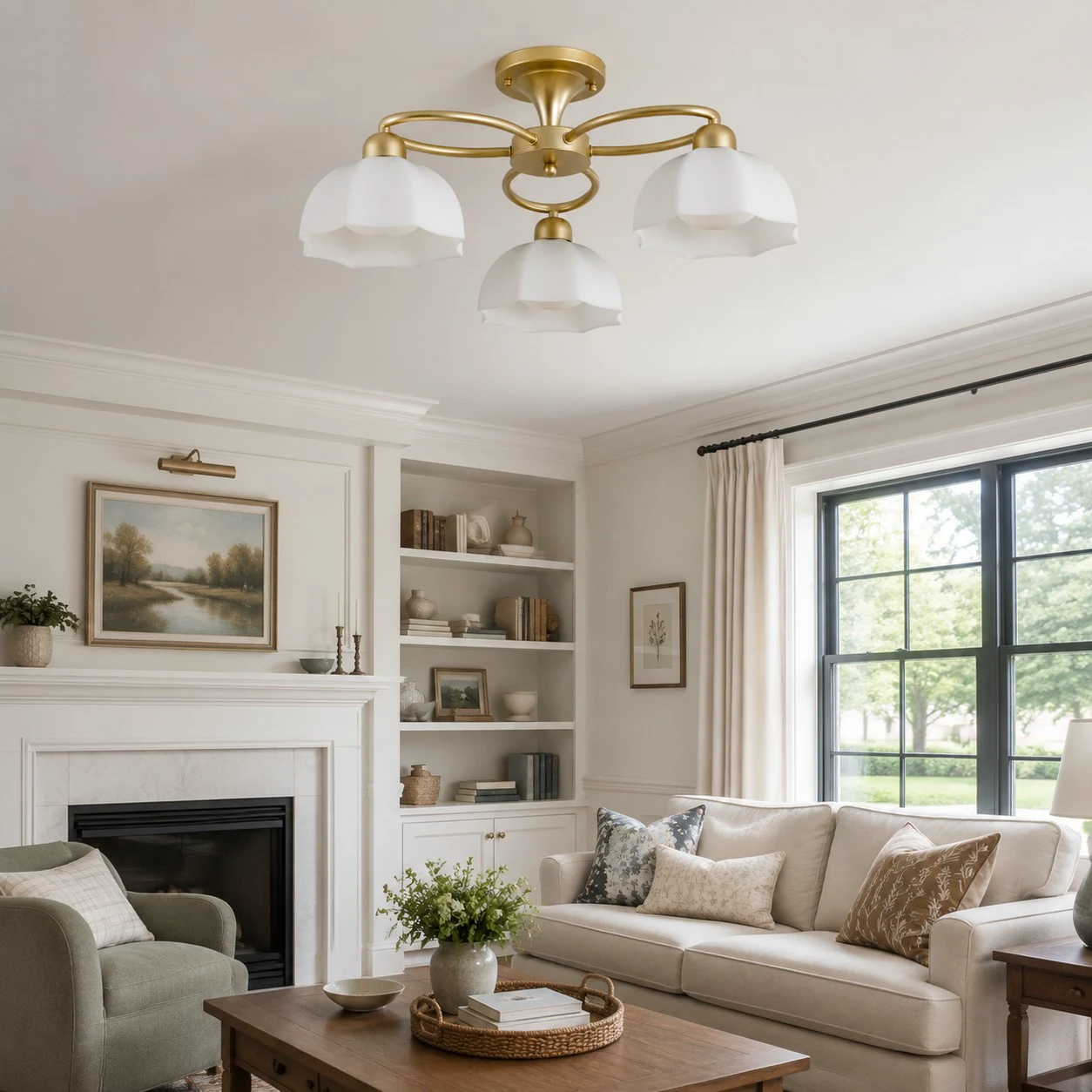 Three-light brass-tone ceiling fixture in a bright living room