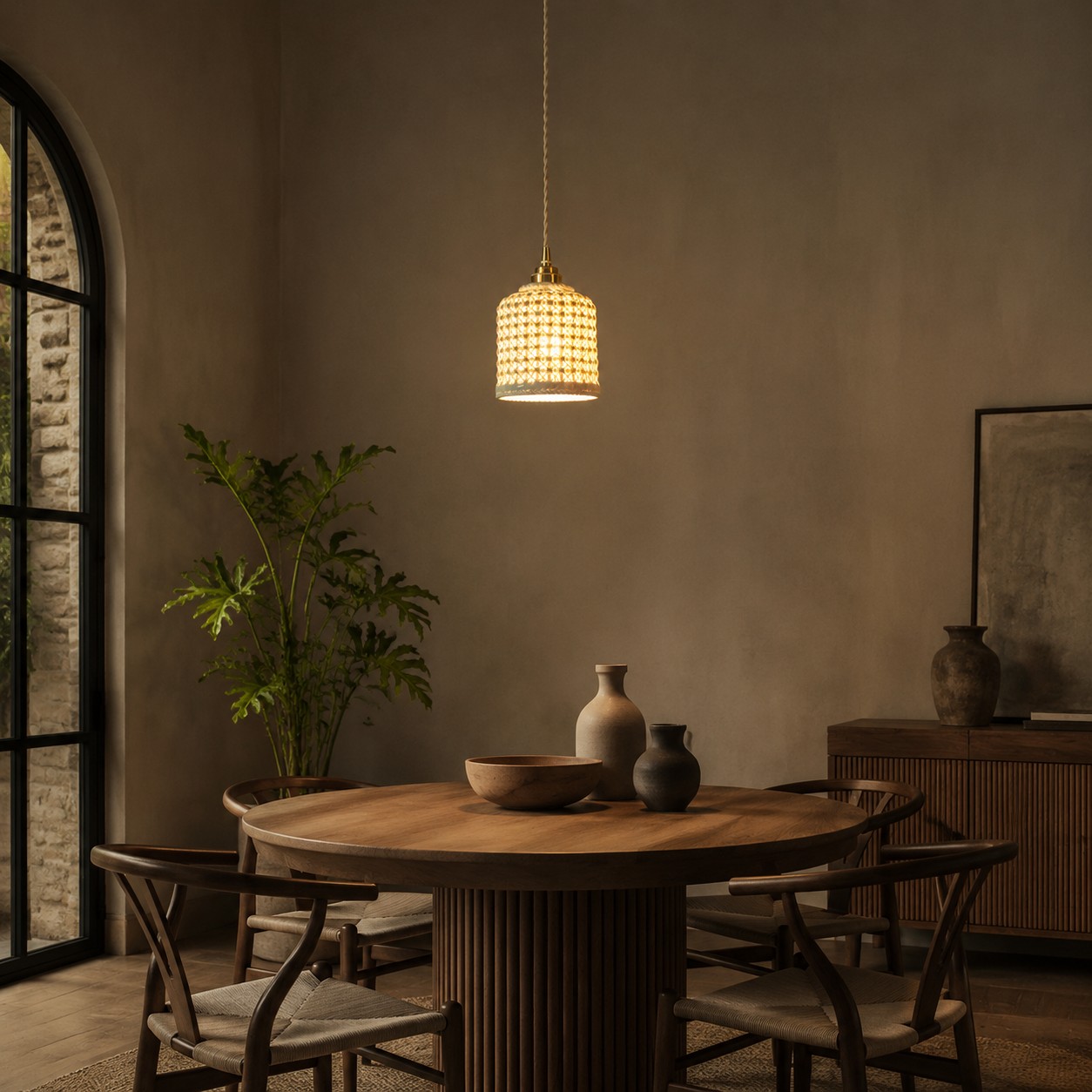 Handwoven ceramic pendant light in a styled dining room