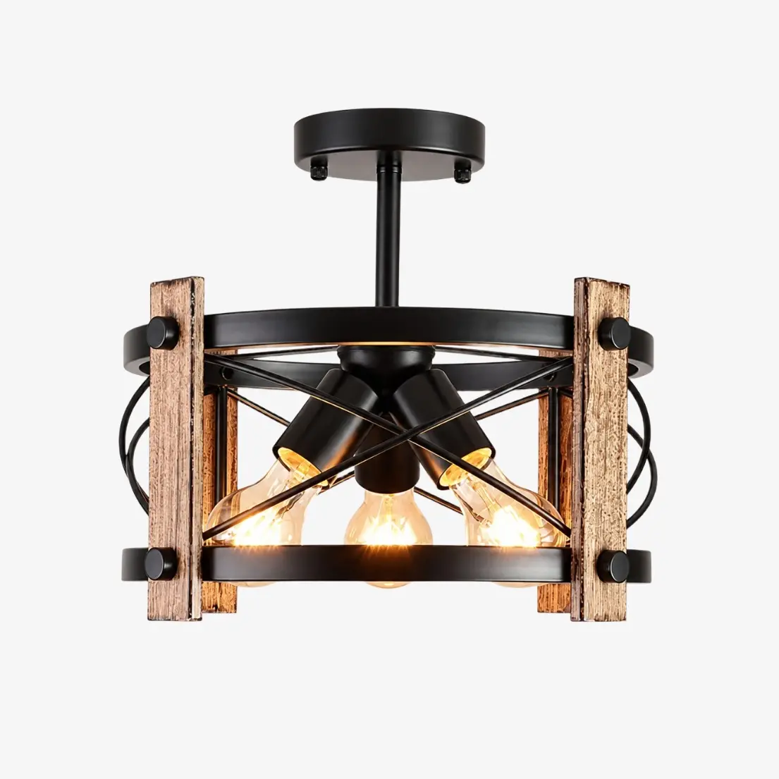 Matte black and wood-tone rustic farmhouse three-light ceiling fixture