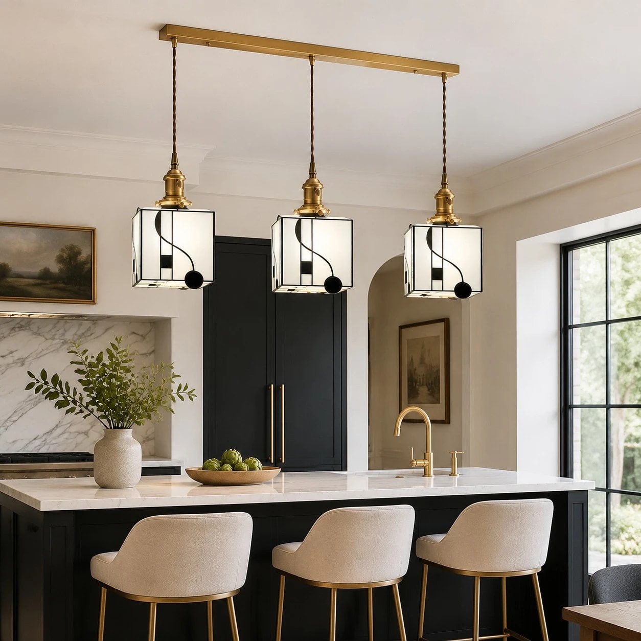 Kitchen island with triple cube pendants