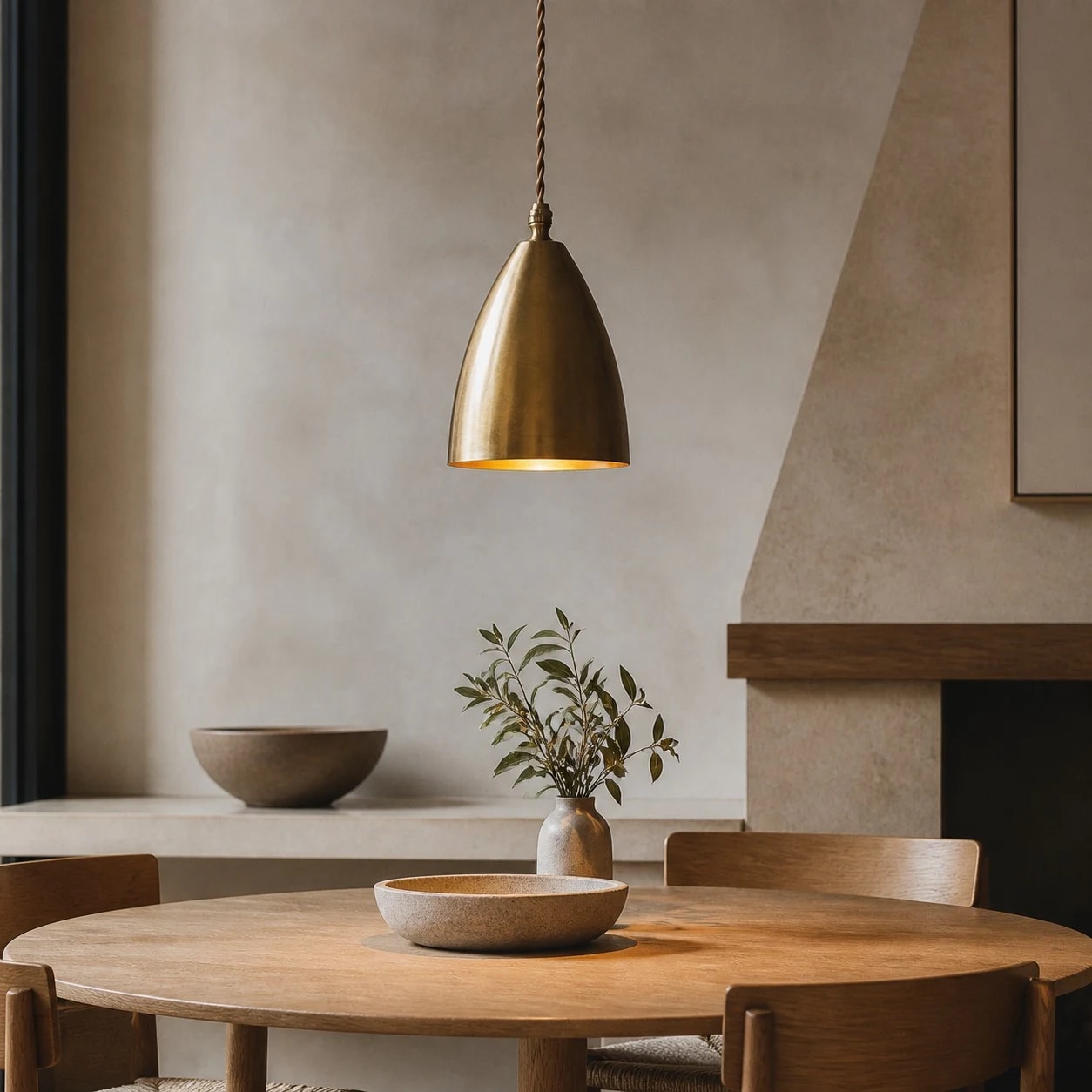 Aged brass pendant light above a warm dining table setting