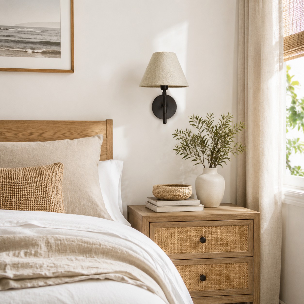 Fabric shade wall sconce with black iron frame