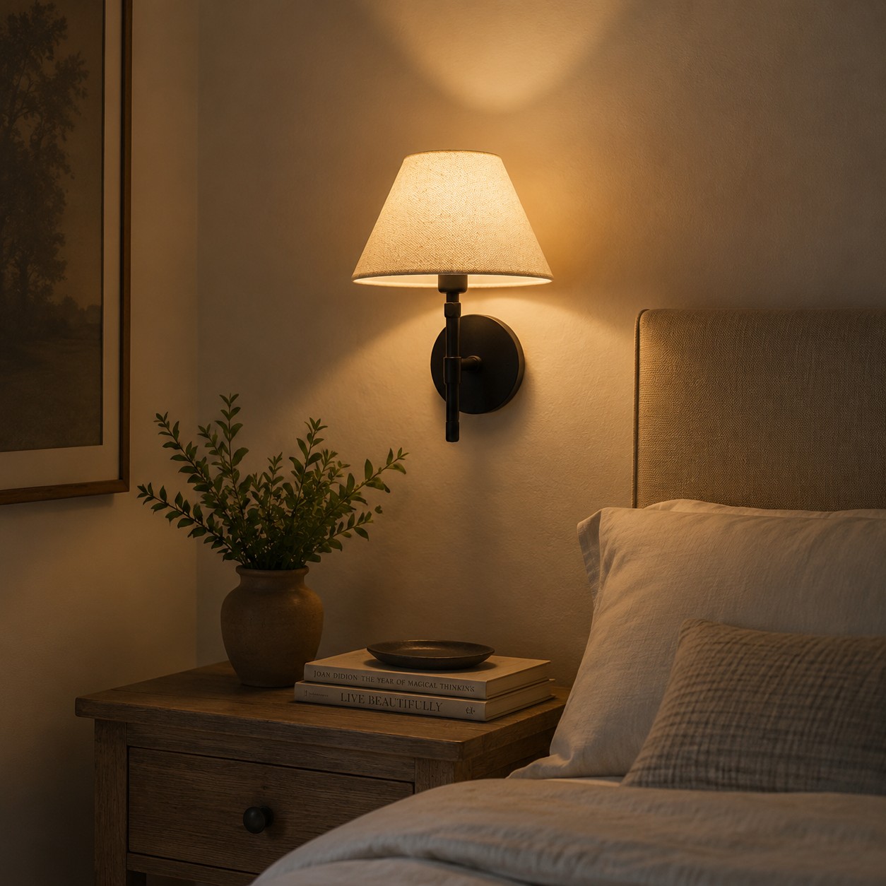 Fabric shade wall sconce with black iron frame