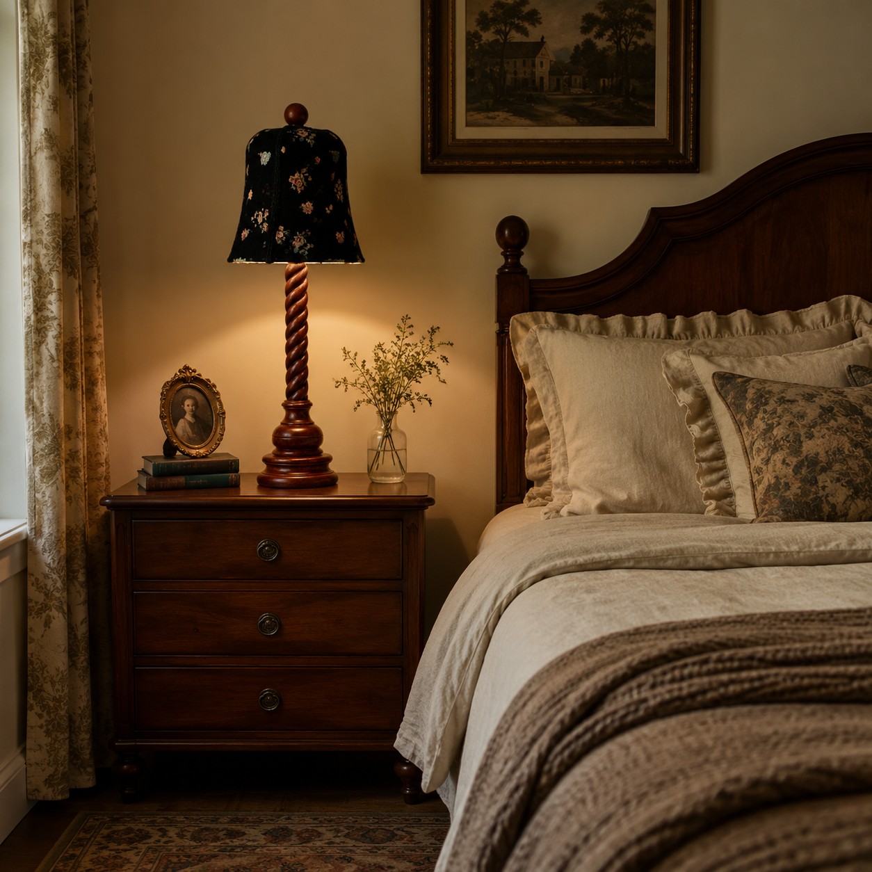Floral wood table lamp styled on a bedroom nightstand