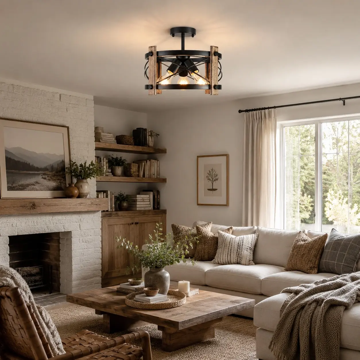 Rustic ceiling fixture in a warm farmhouse living room