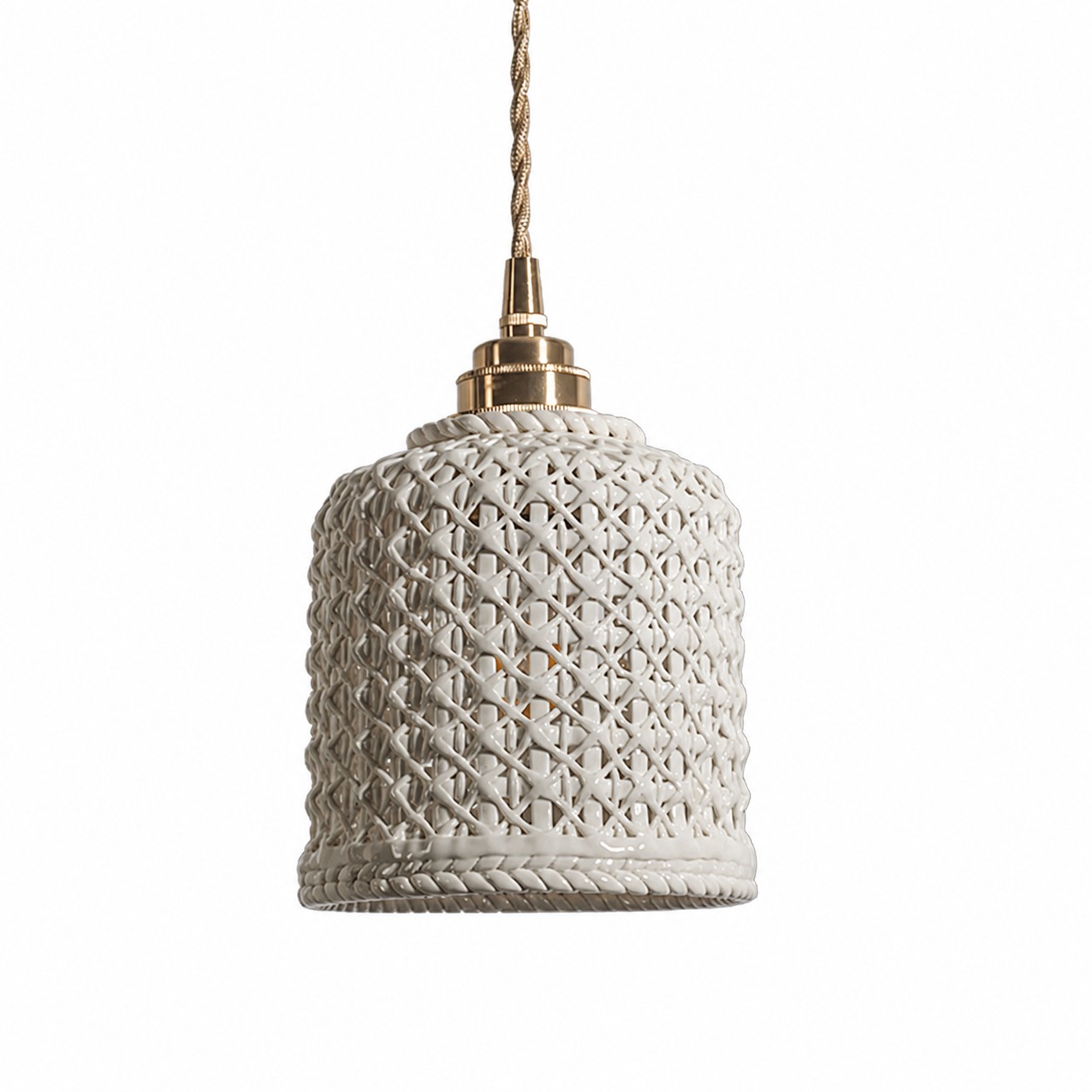Handwoven white ceramic pendant light on white background
