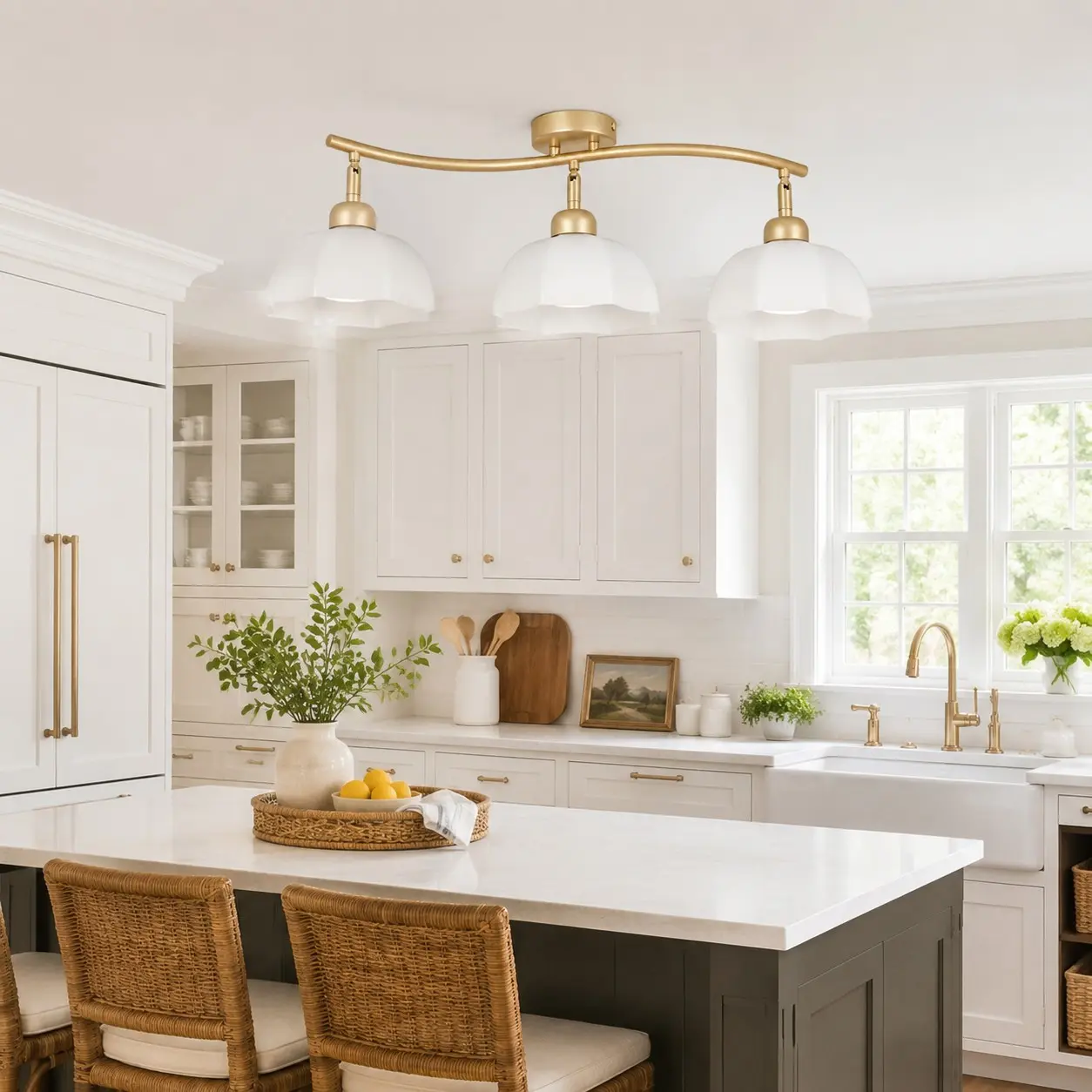 Gold 4-light ceiling fixture in a bright kitchen