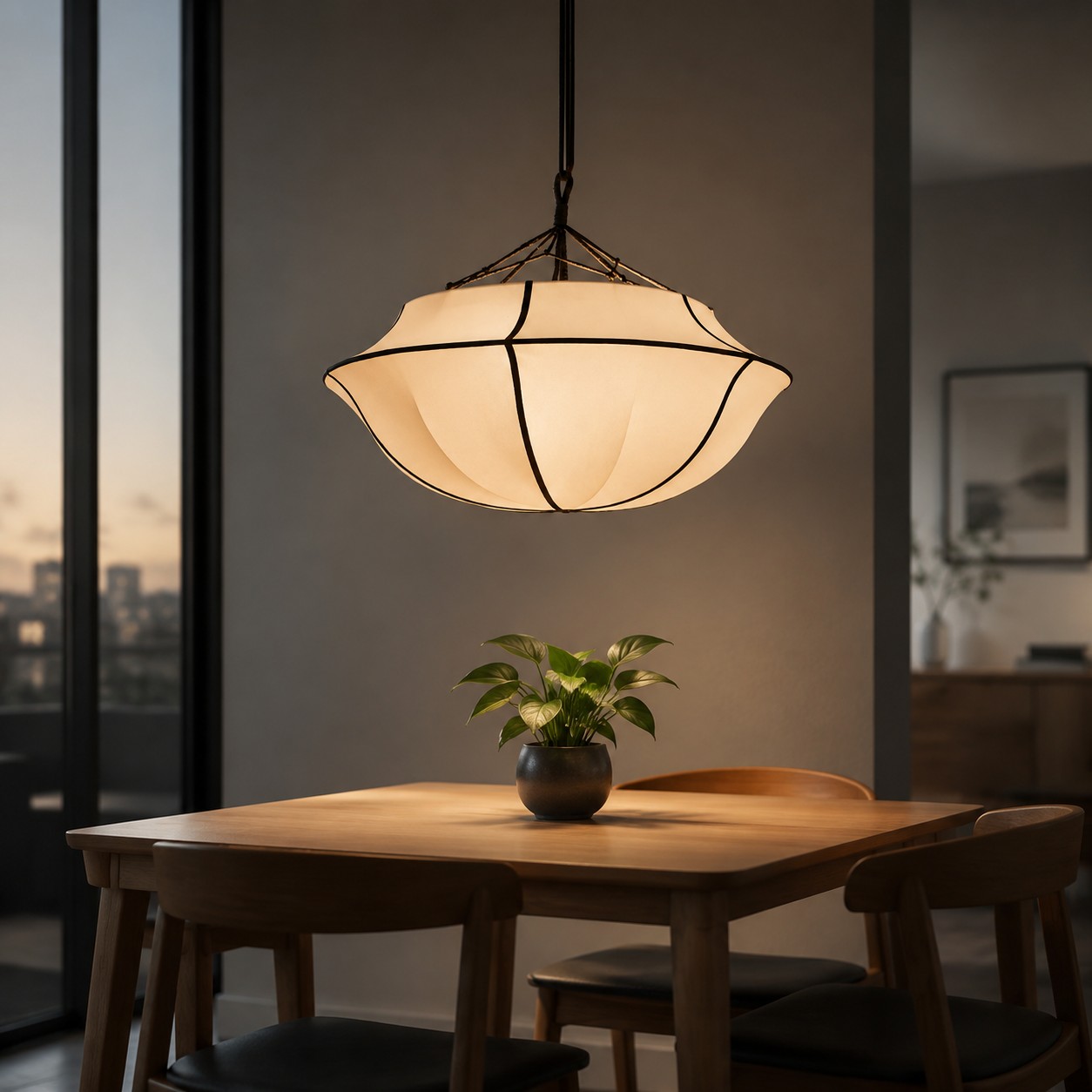French fabric chandelier above a dining table in a warm room