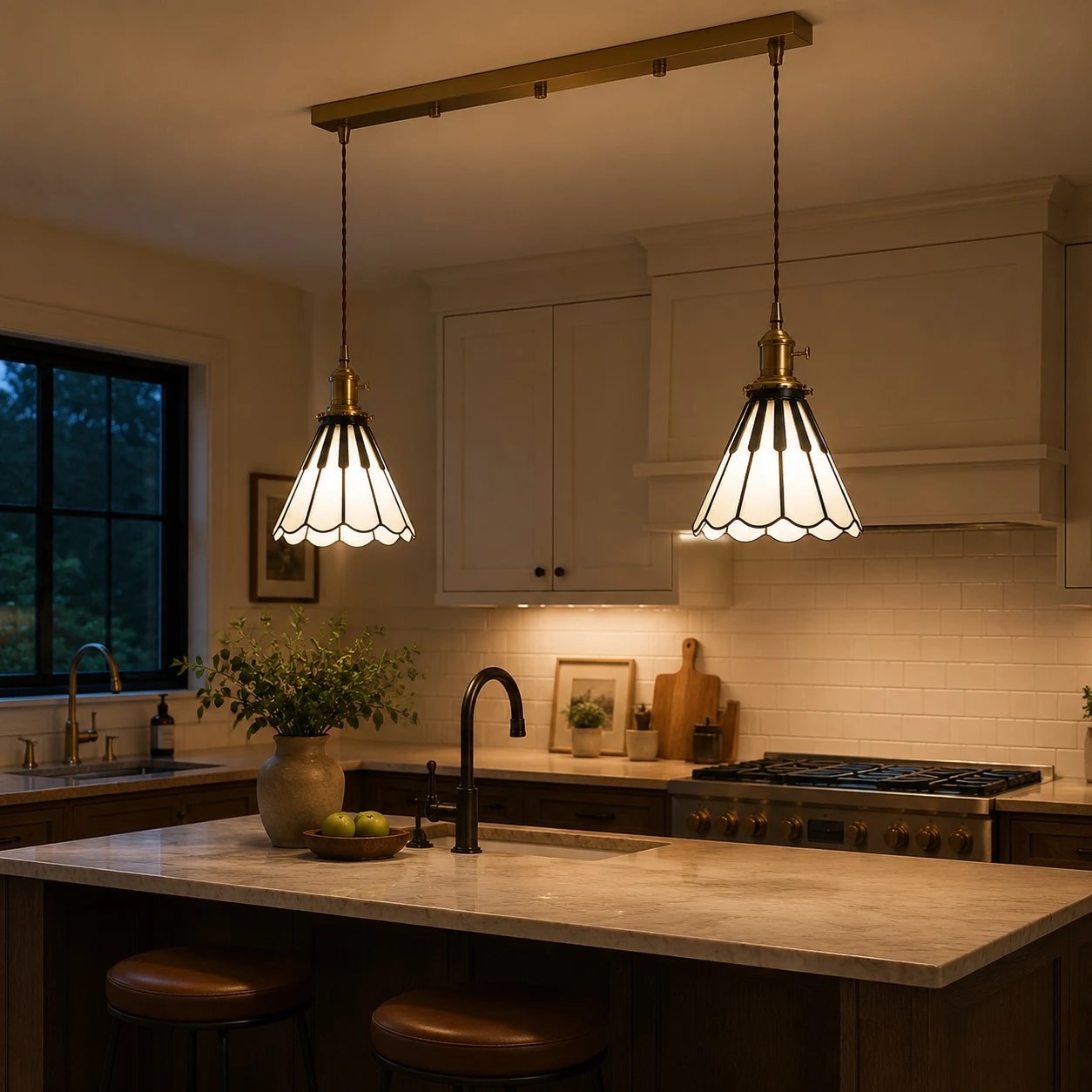 Warm kitchen with double fluted pendants
