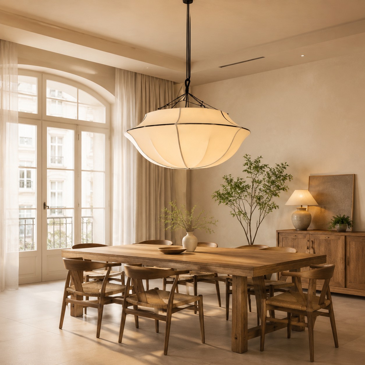 Close view of the scalloped fabric chandelier shade