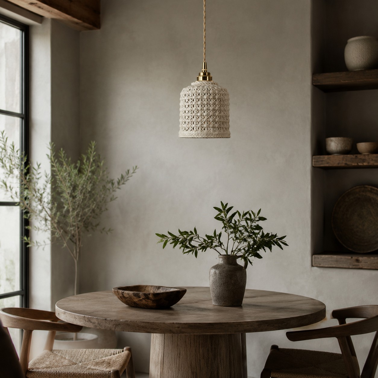 Handwoven ceramic pendant light in a dining interior