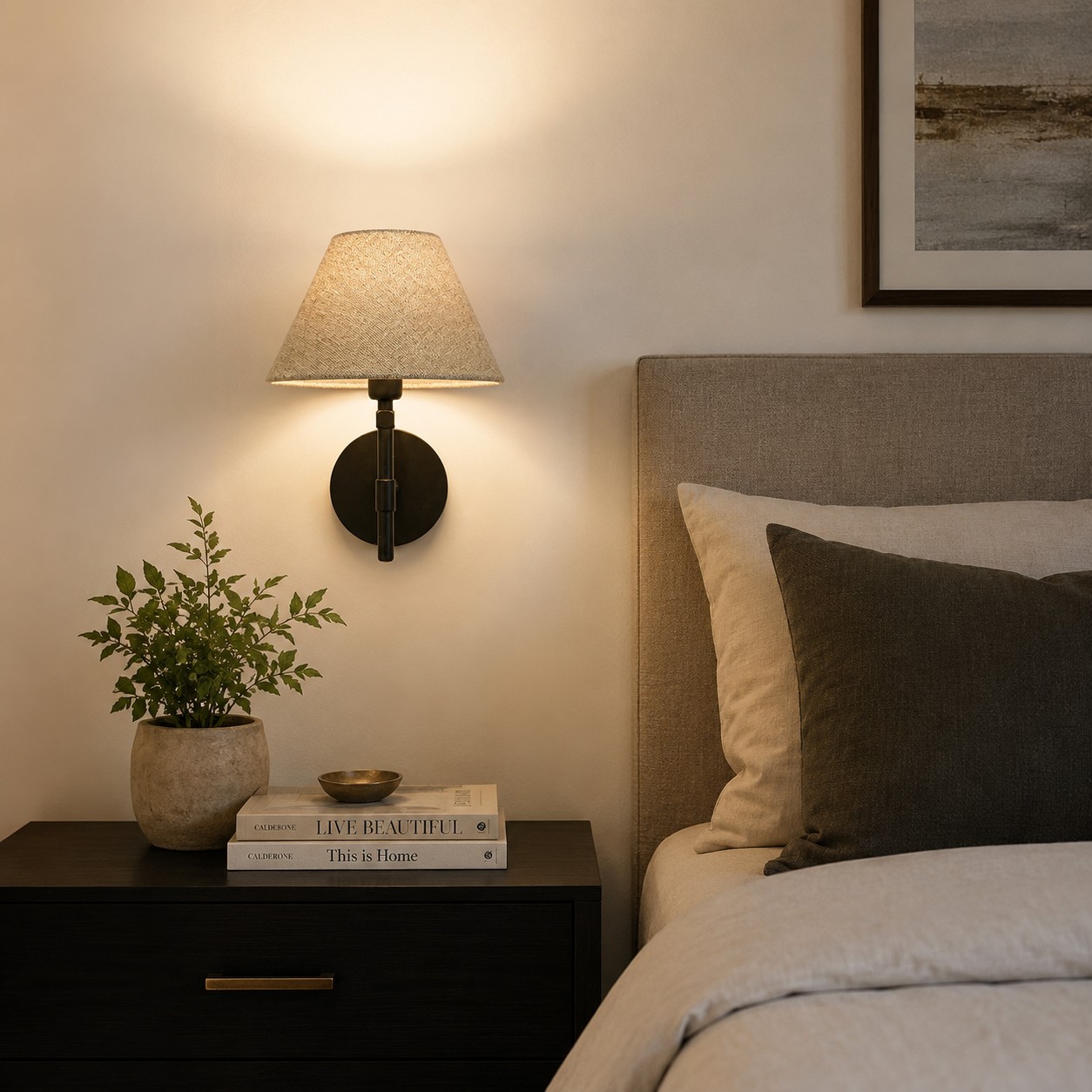 Fabric shade wall sconce with black iron frame