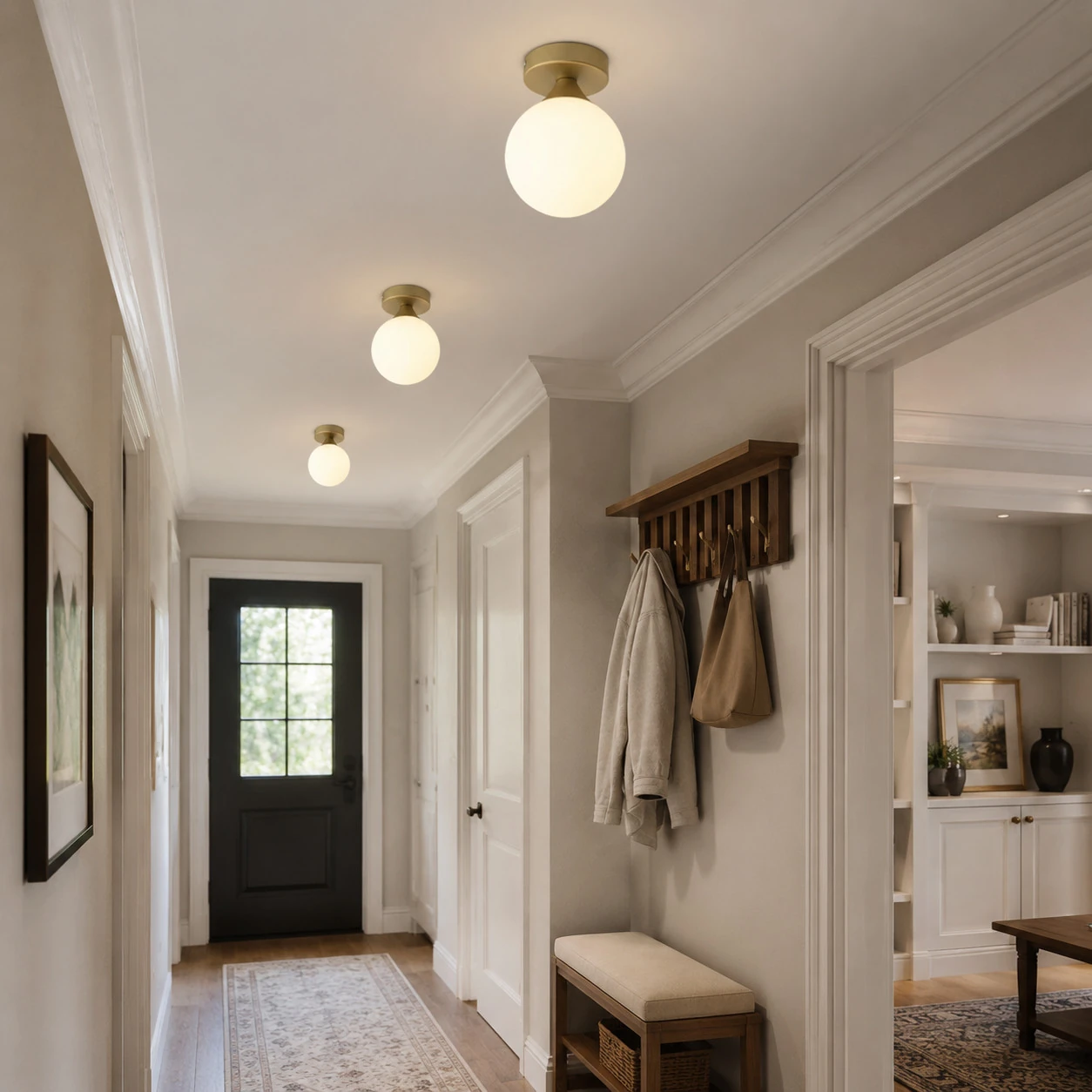 Vintage glass ceiling light styled in a warm hallway