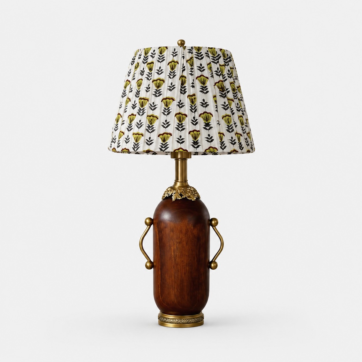Deep brown table lamp with yellow floral pleated shade