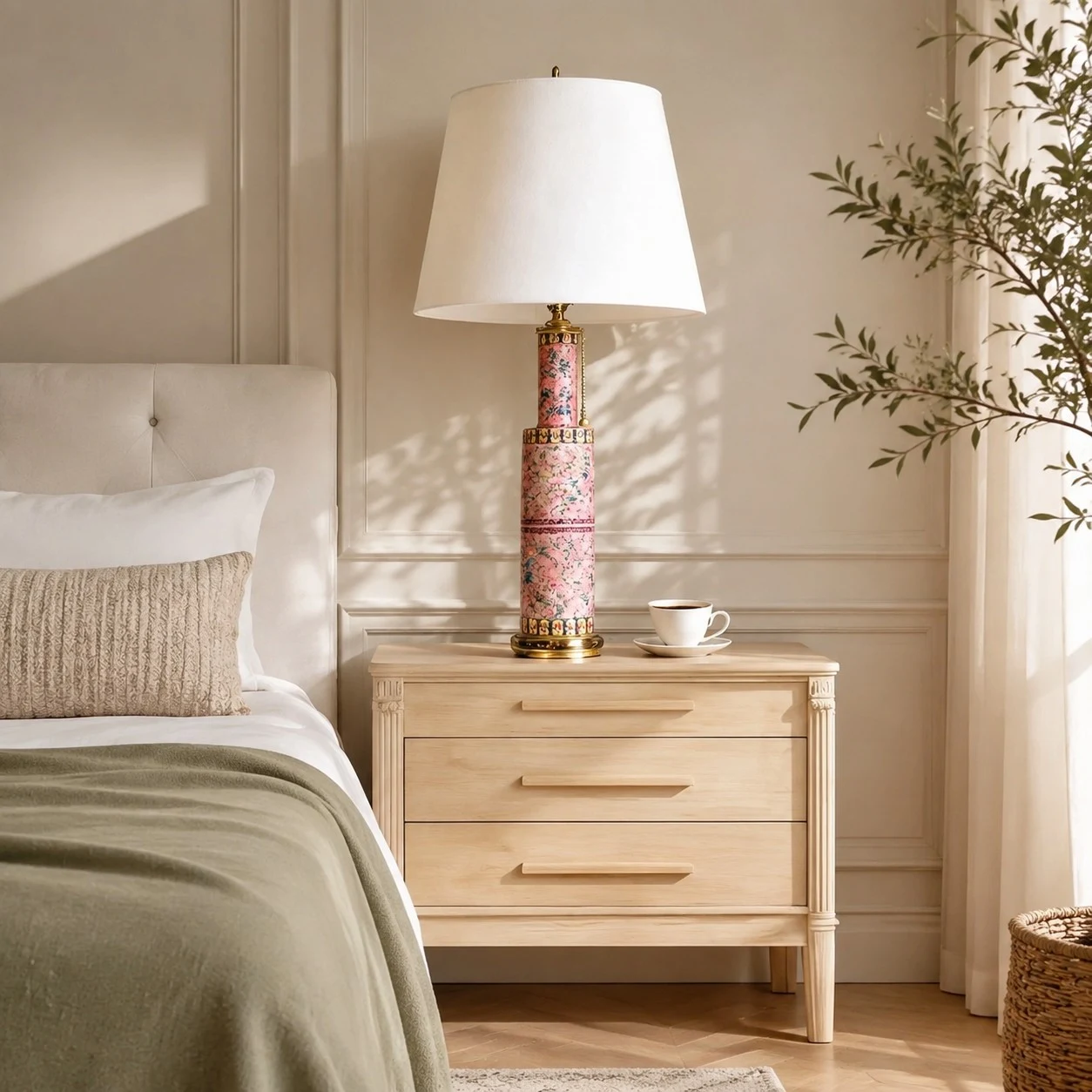 Floral ceramic table lamp on a bedroom nightstand