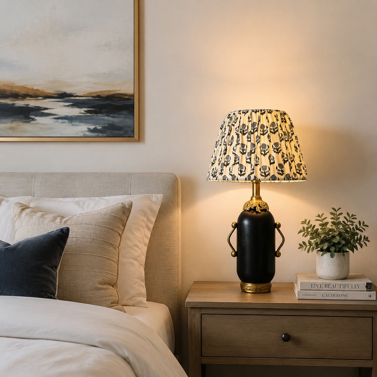 Vintage floral table lamp styled on a bedside table