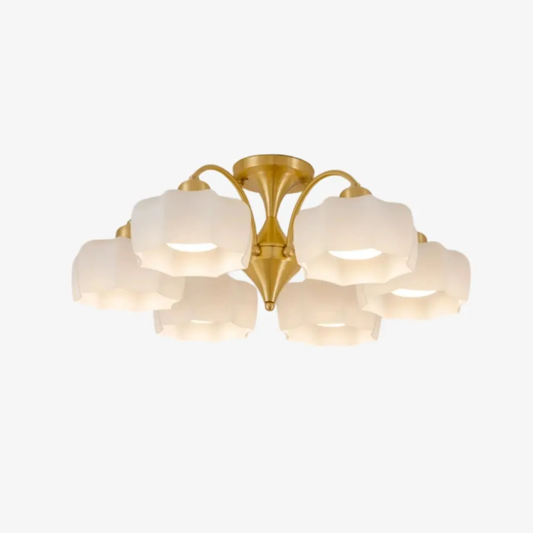 Six-light white glass flush mount with brushed gold frame