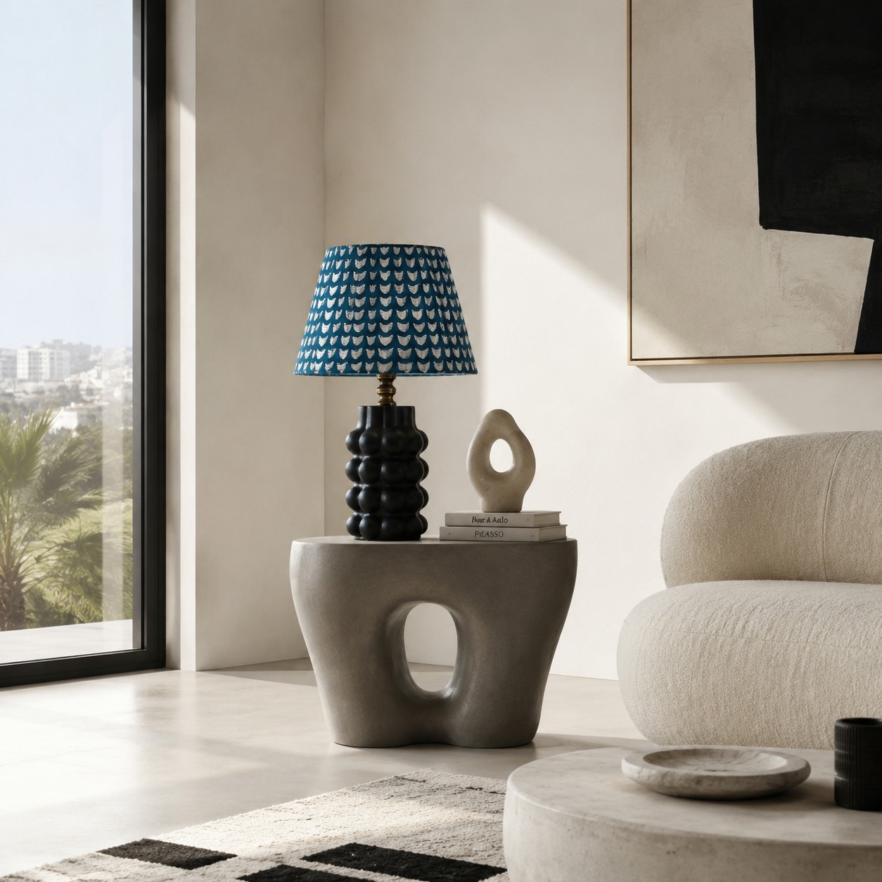 Sculptural Ceramic Table Lamp with Patterned Fabric Shade