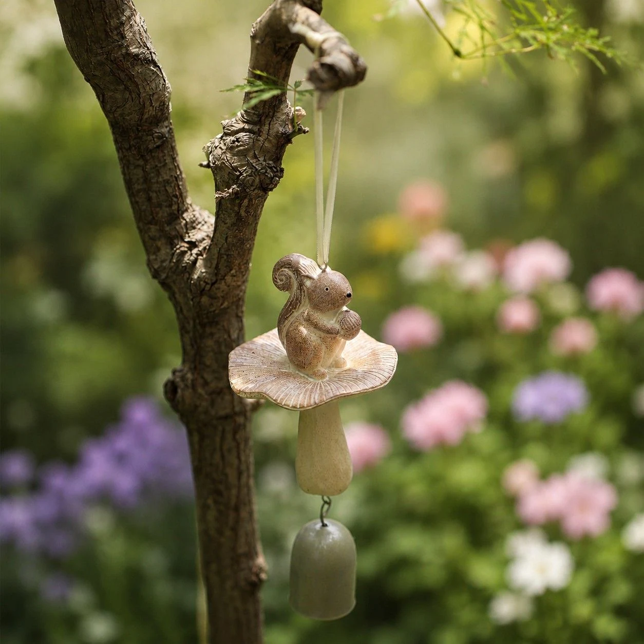Campana de viento con forma de ardilla colgando en un entorno de jardín.
