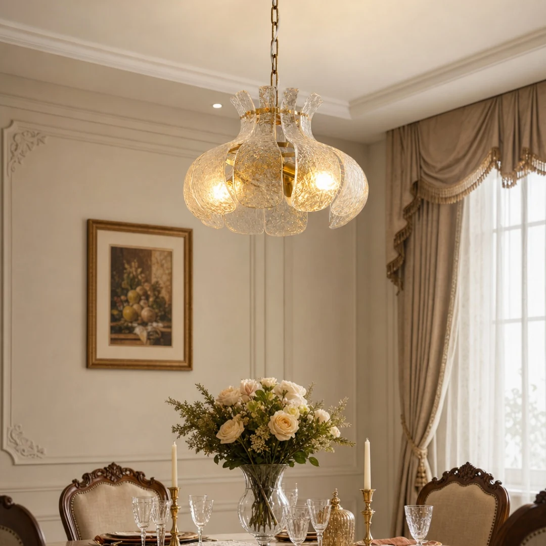 Lustre en laiton massif et verre transparent au-dessus d'une table à manger