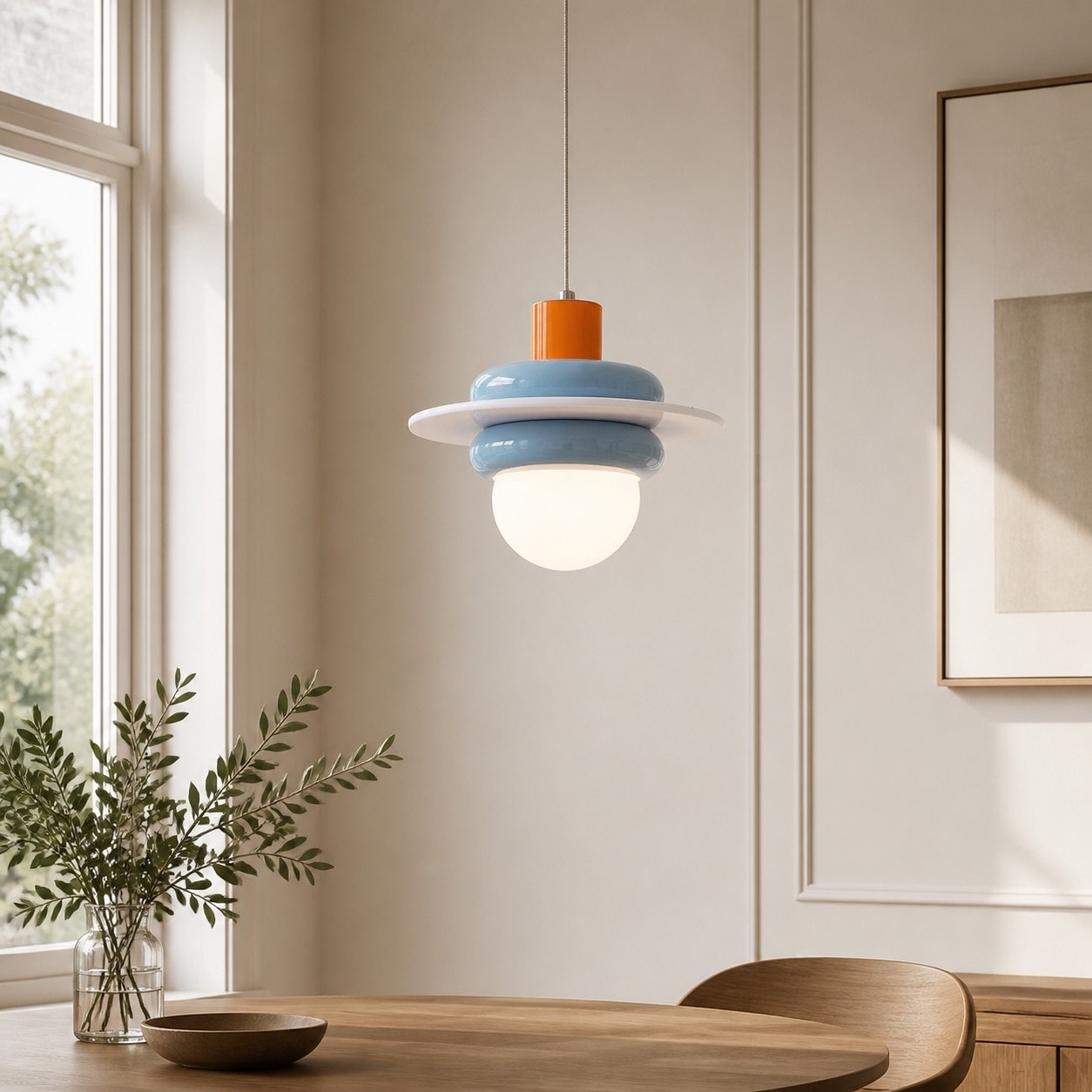 Lámpara colgante Memphis de color azul sal marina sobre una mesa de comedor.