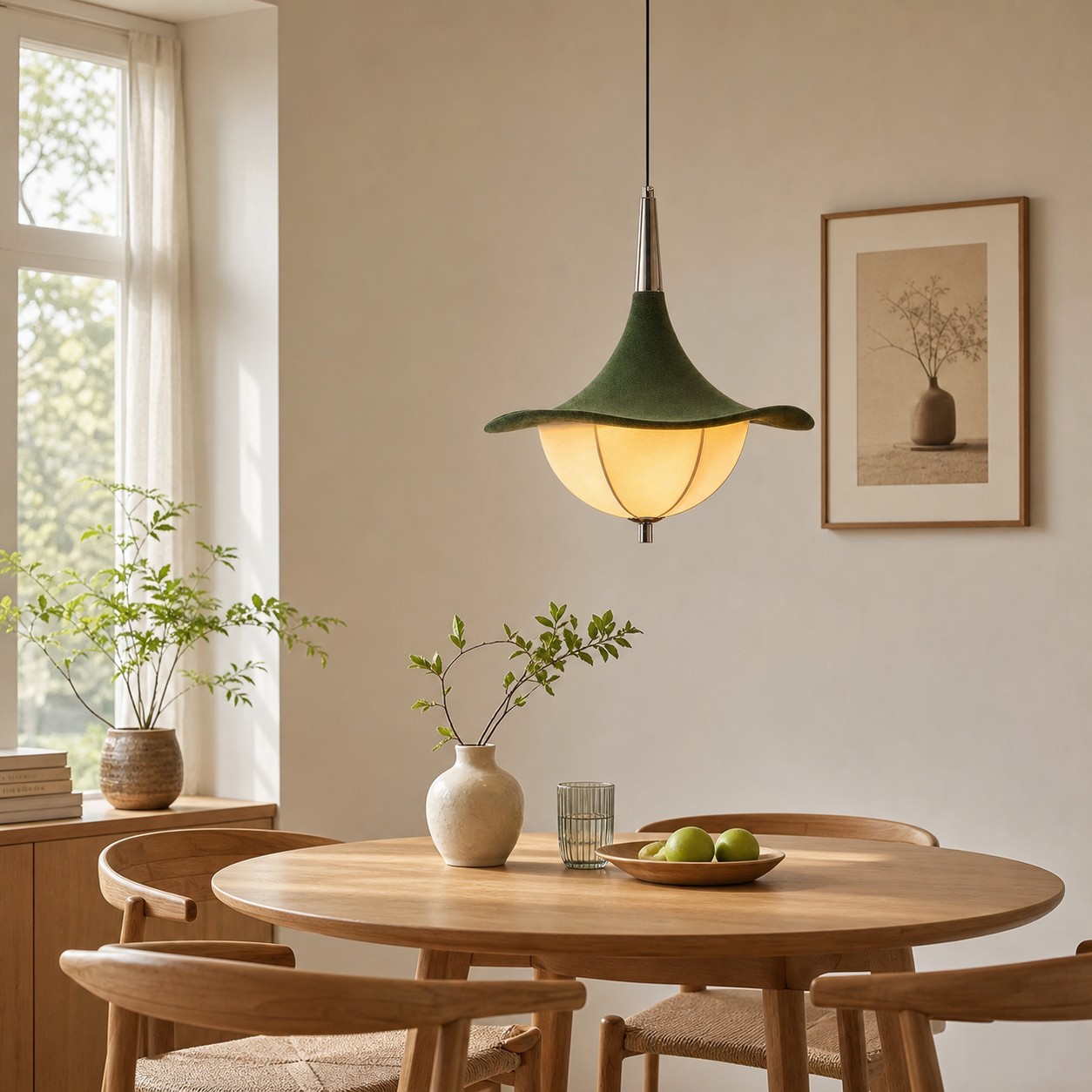 Lámpara colgante de tela verde en una escena de comedor