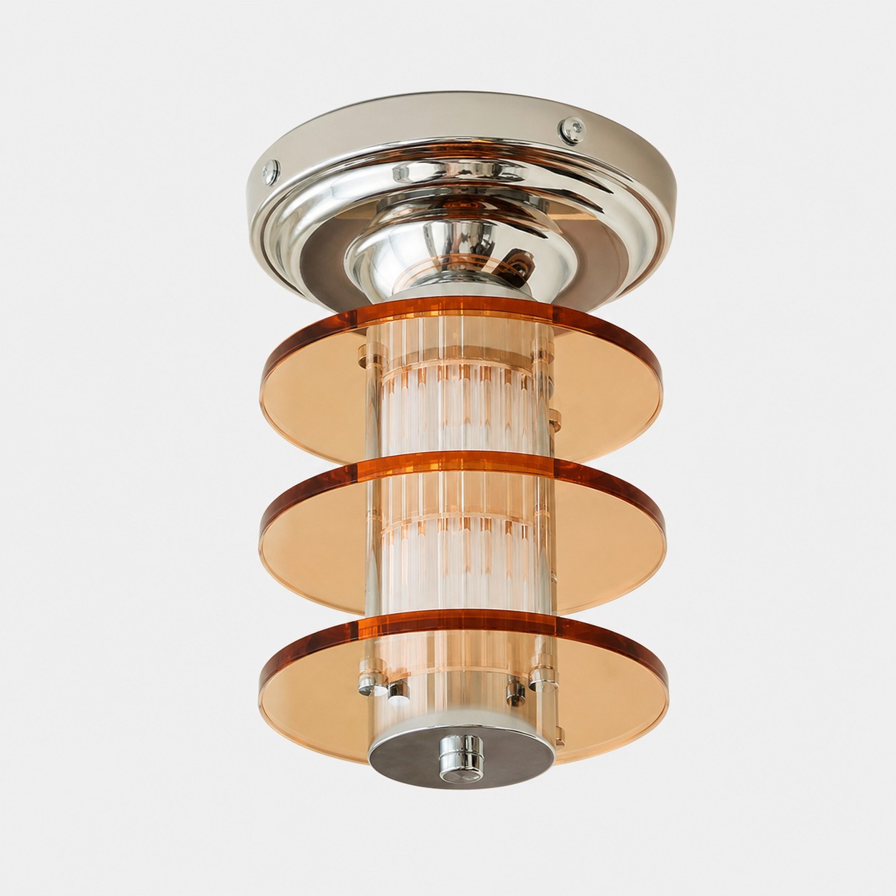 Ronde / amberkleurige acryl + chromen plafondlamp in Bauhaus-stijl (afbeelding)