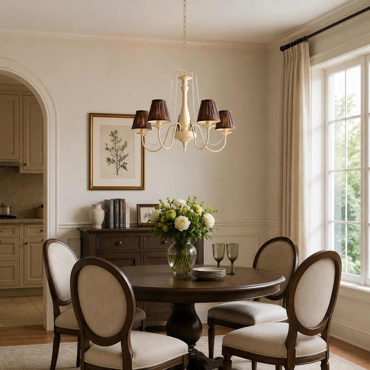 Lámpara de araña francesa centrada sobre una mesa de comedor redonda en un interior neutro.