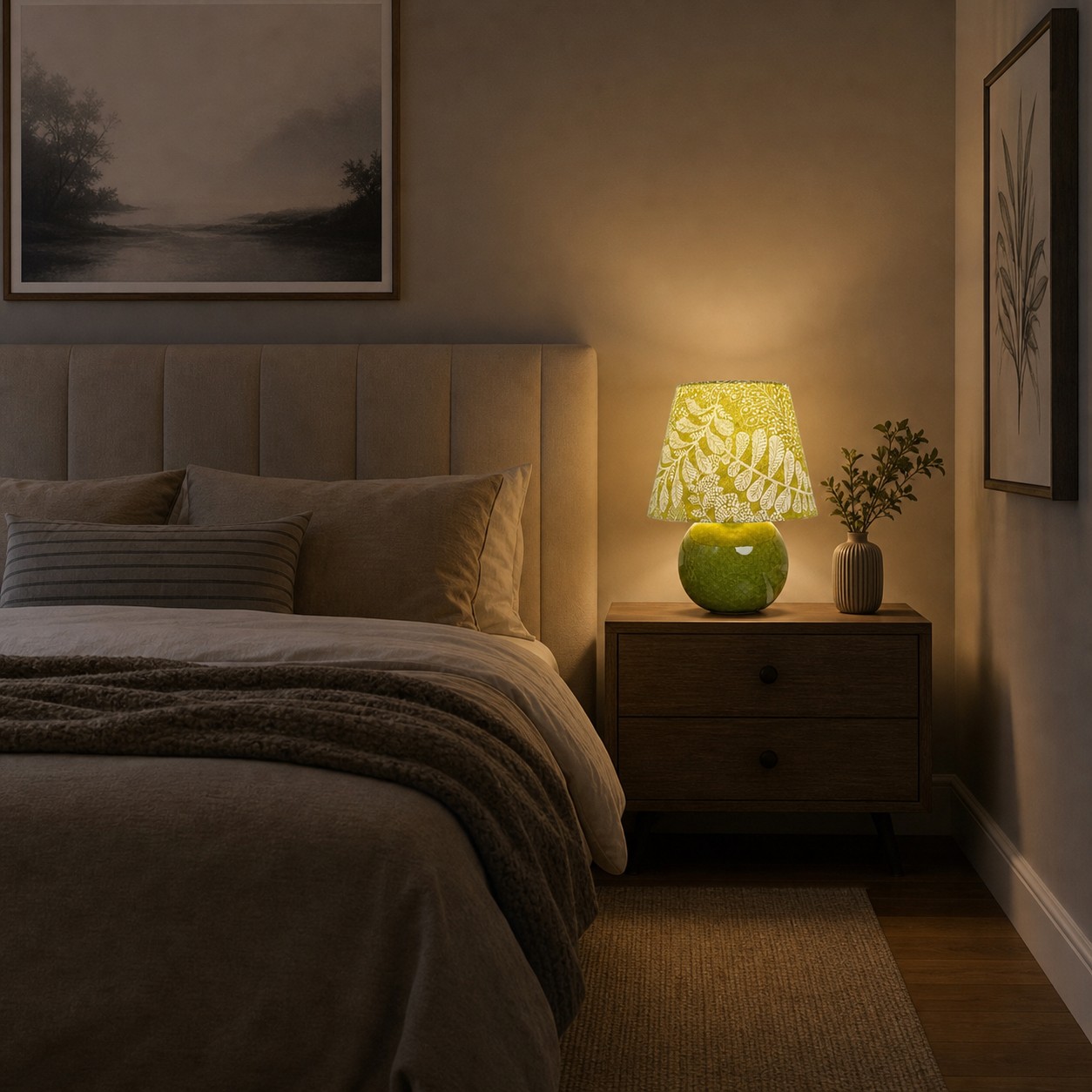 Een olijfkleurige botanische tafellamp met een sfeervolle gloed op een nachtkastje in de slaapkamer.
