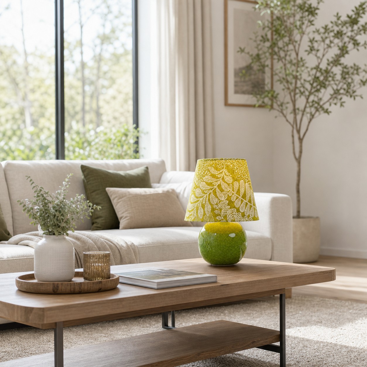 Een olijfkleurige tafellamp met botanische details in een lichte, neutrale woonkamer.