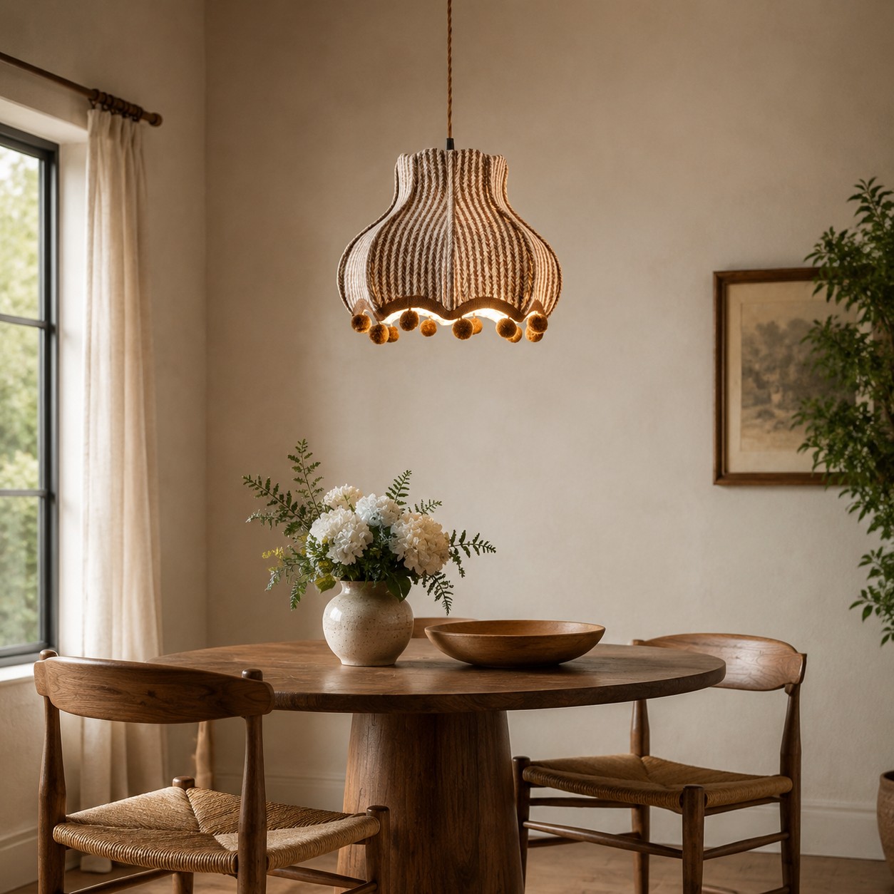 Franse vintage stoffen hanglamp boven een eettafel.