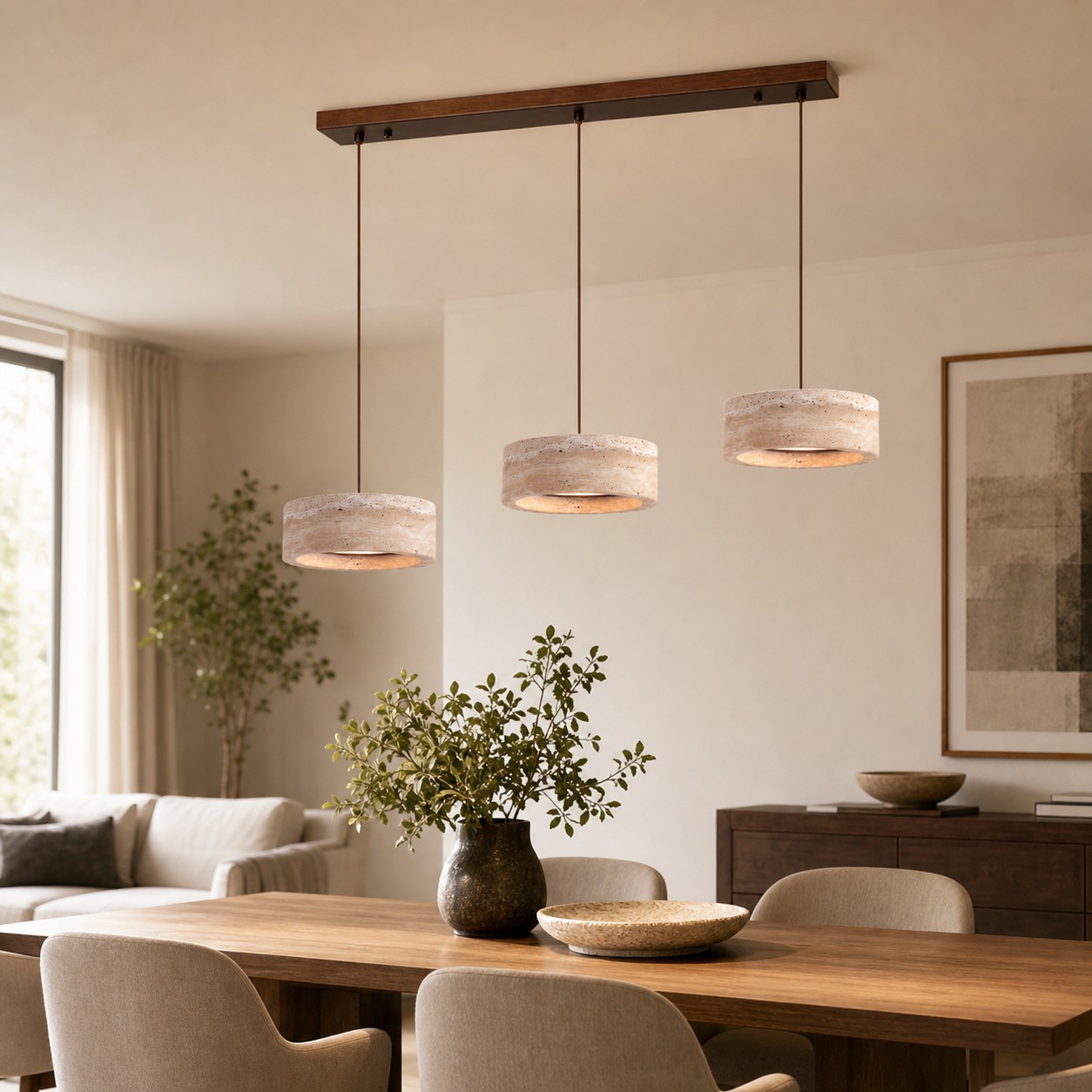 Suspension linéaire LED à trois lumières en travertin jaune au-dessus d'une table à manger