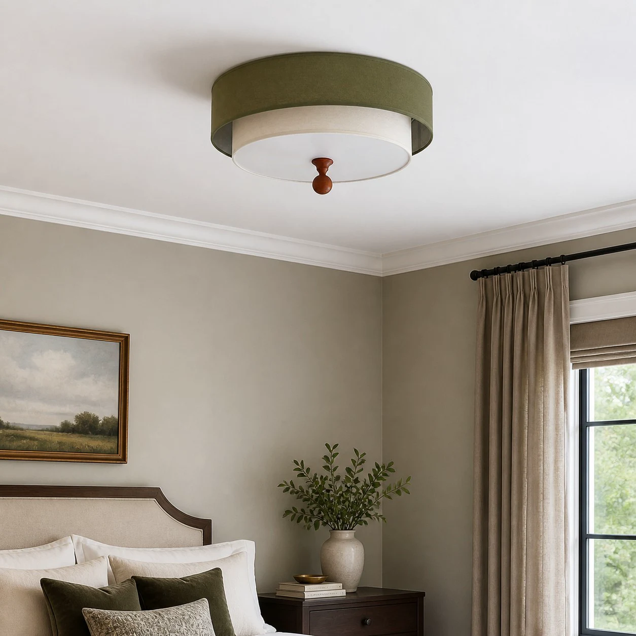 Groen-witte plafondlamp in een rustig slaapkamerinterieur