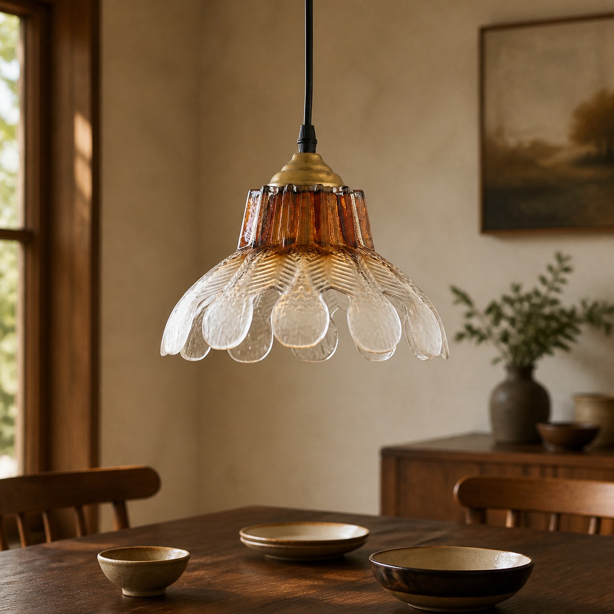 Gradient Fluted Glass Flower Pendant Light in an interior