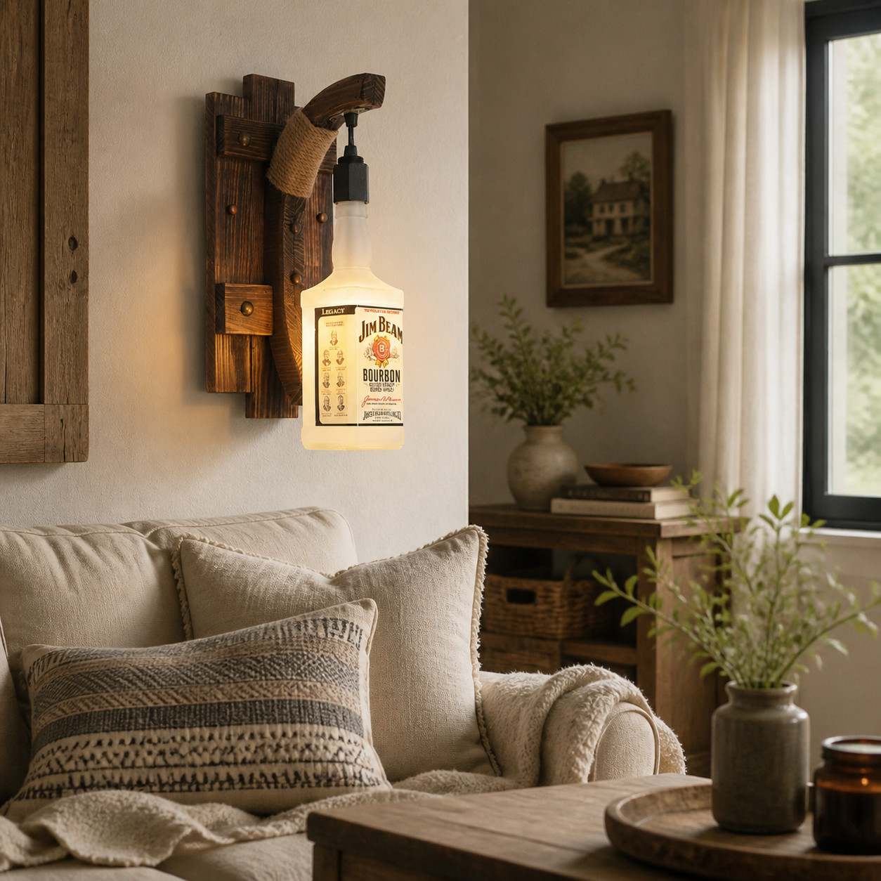 Applique murale rustique en bois et corde avec bouteille dans une pièce