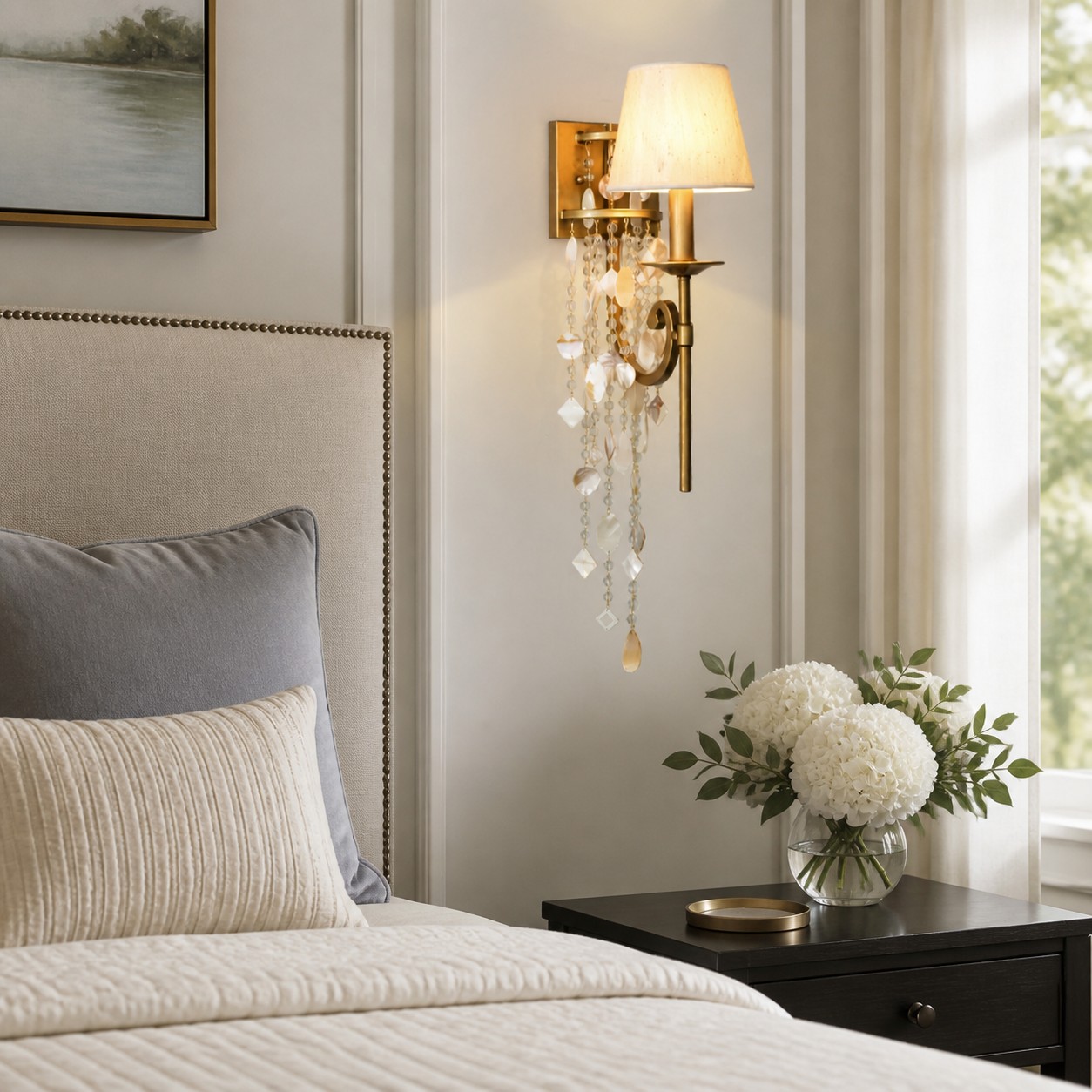 Crystal and Shell Tassel Wall Sconce in an interior