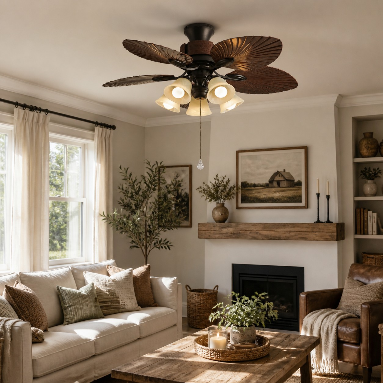 Tropical Leaf Blade Ceiling Fan with Light in a room setting