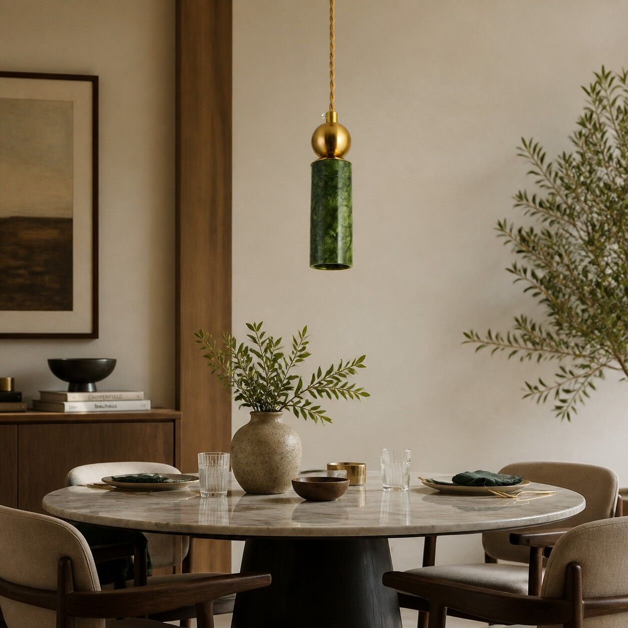Lámpara colgante cilíndrica de jade verde en un ambiente de habitación.