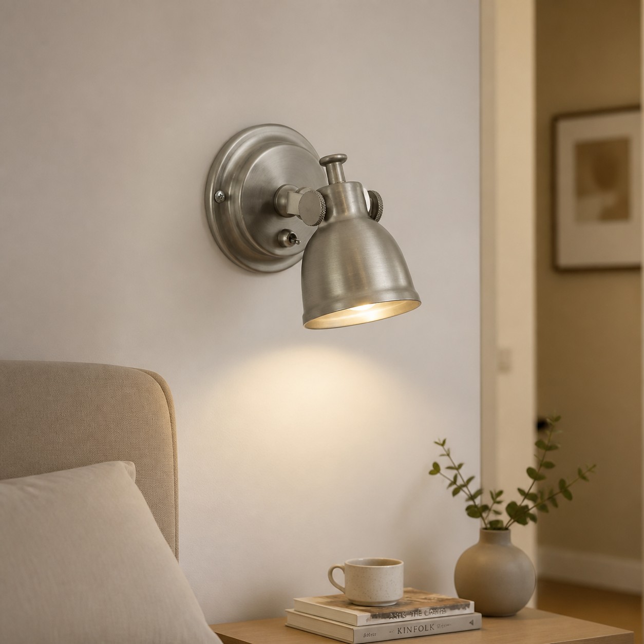 Brushed Nickel Adjustable Reading Wall Light in a room setting