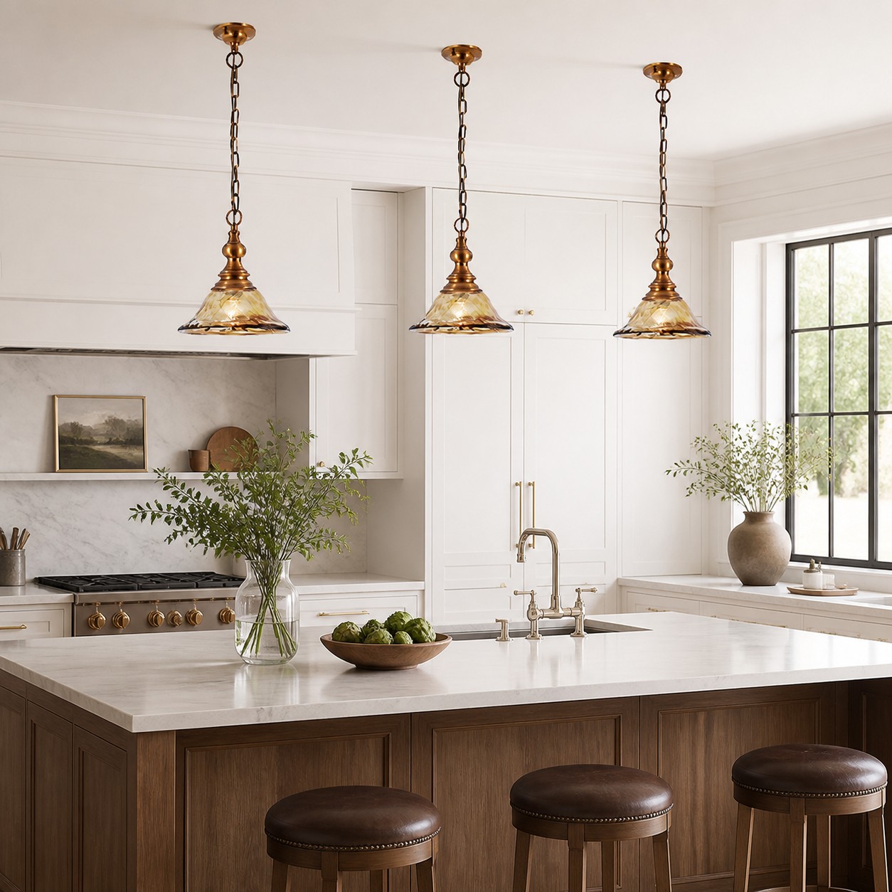 Brass and Amber Glass Mini Pendant Light in an interior
