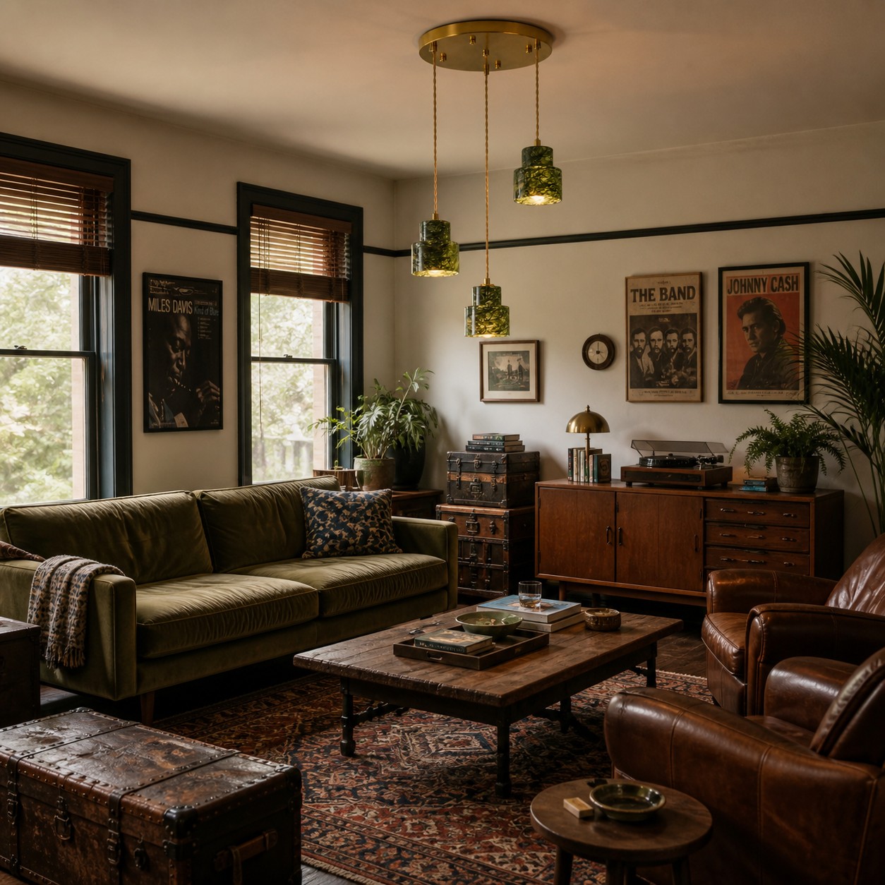 Lampadario a sospensione lineare a 3 luci Green Jade in un ambiente interno