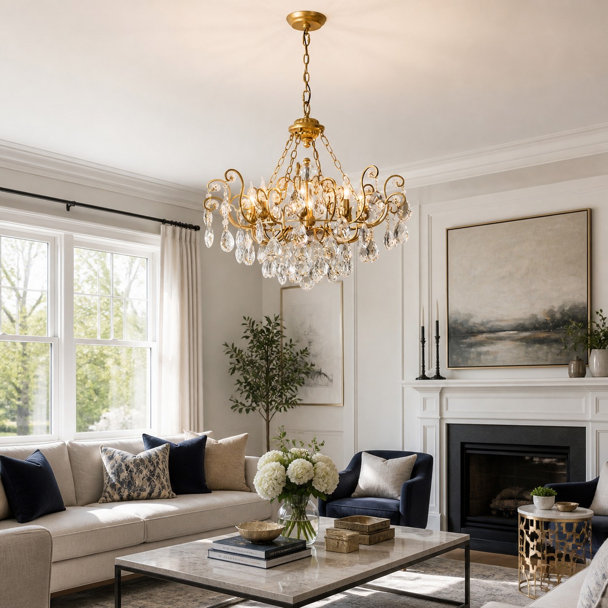 Crystal chandelier displayed in an elegant living room