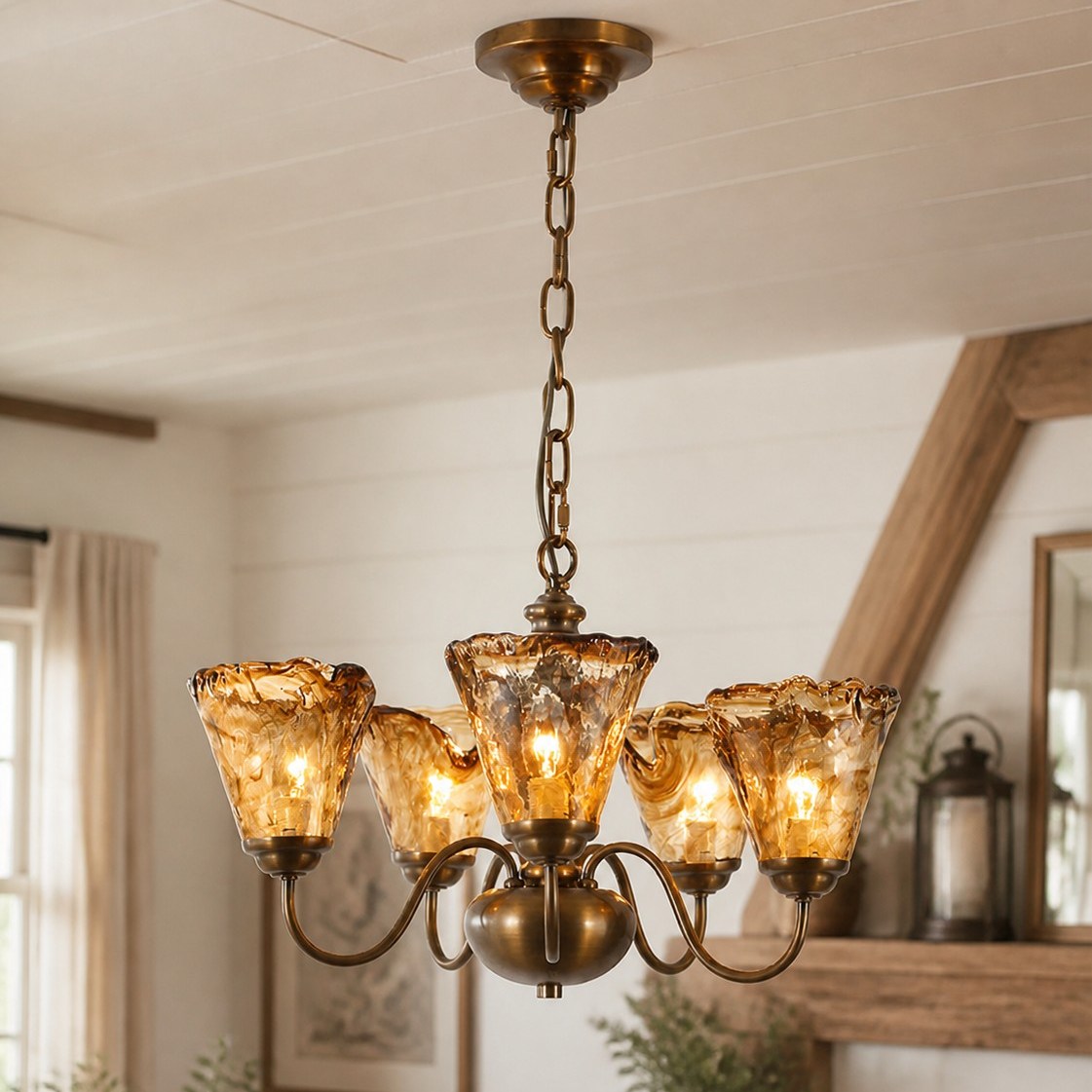 Amber glass chandelier displayed in a warm rustic interior