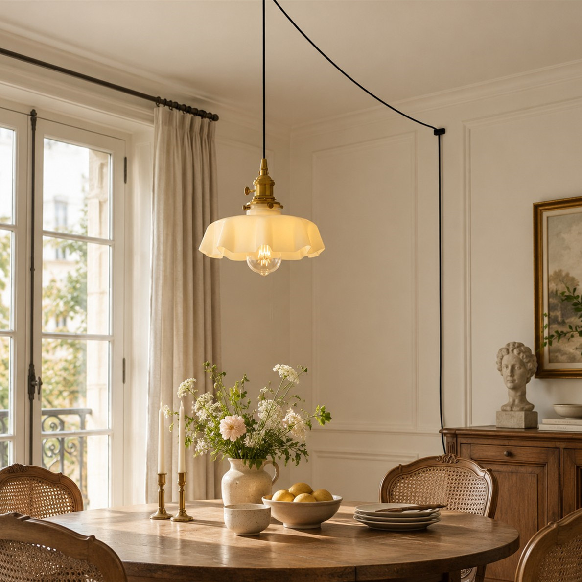Lampa wisząca z białego szkła w kształcie kwiatu nad drewnianym stołem jadalnym