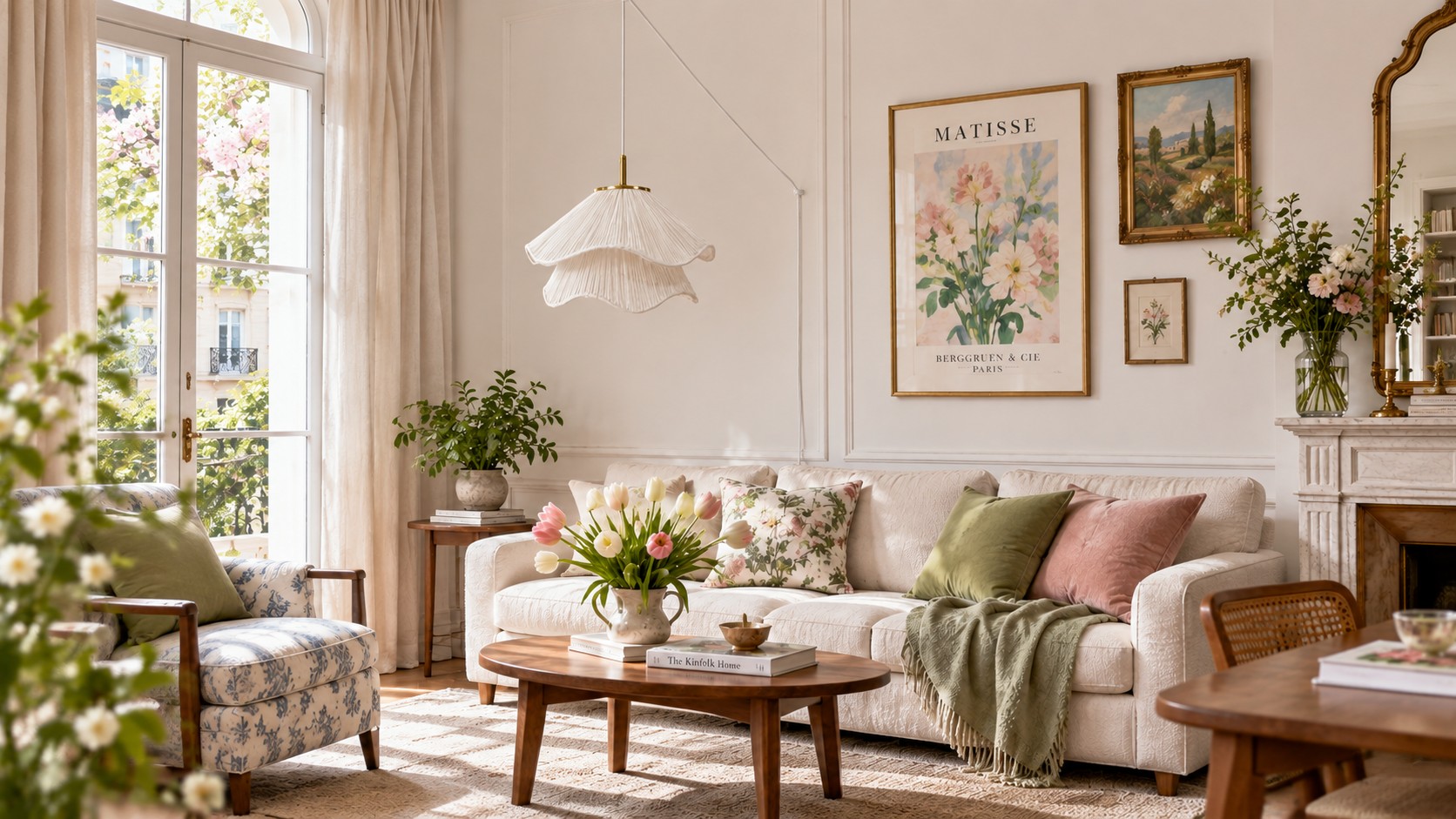 Ethereal Bloom plug-in pendant over a living room coffee table, light off