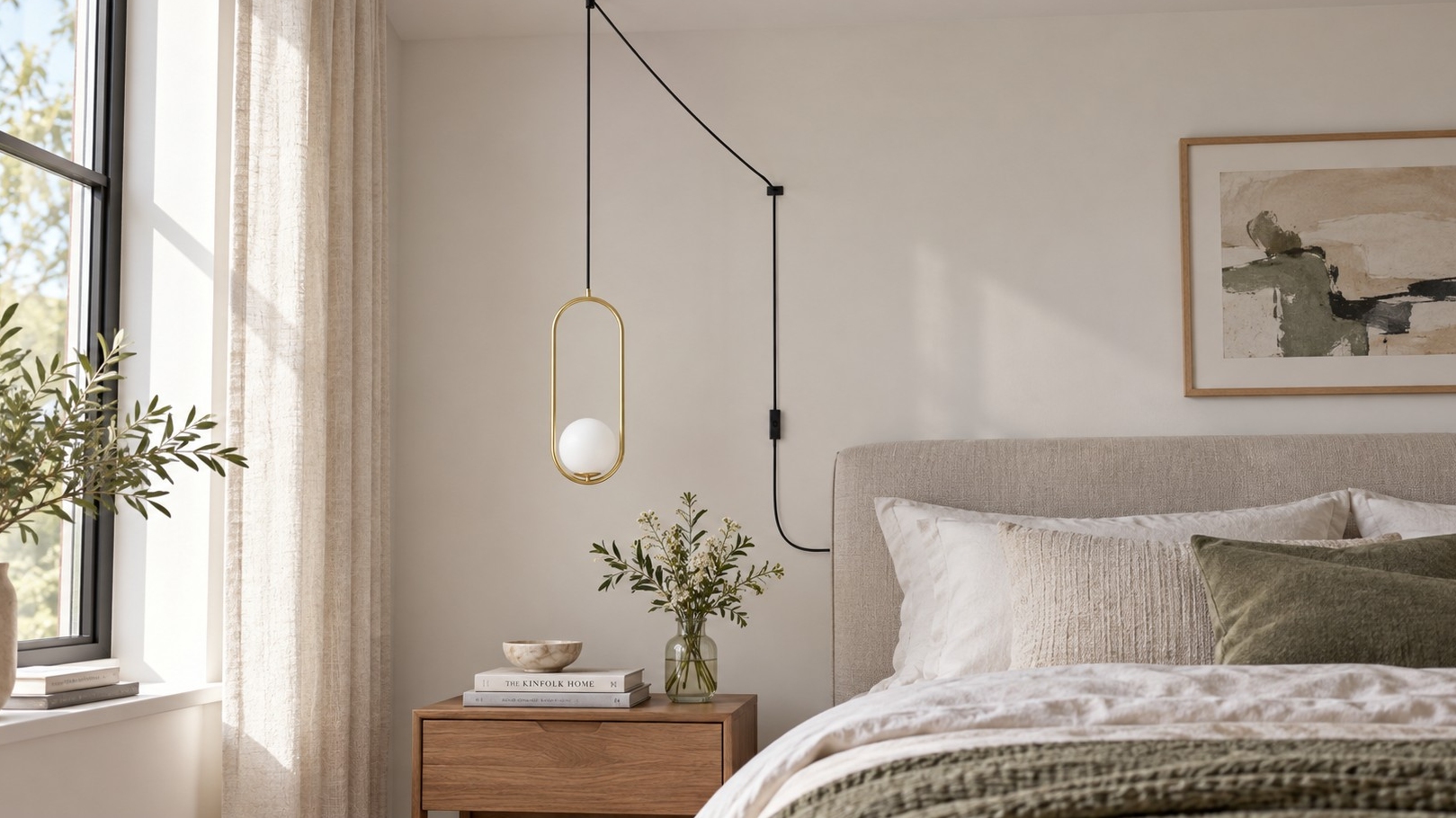 Lámpara colgante de esfera de cristal en un dormitorio con la luz apagada.