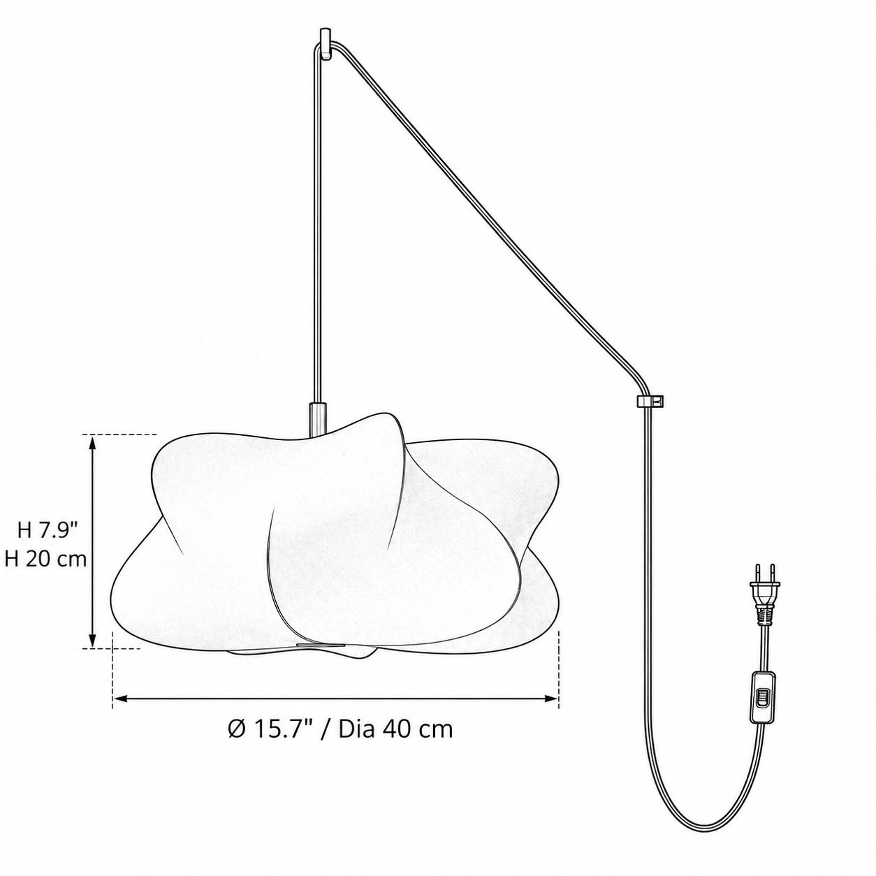 Lampada a sospensione modello A, diametro 40 cm, altezza paralume 20 cm.